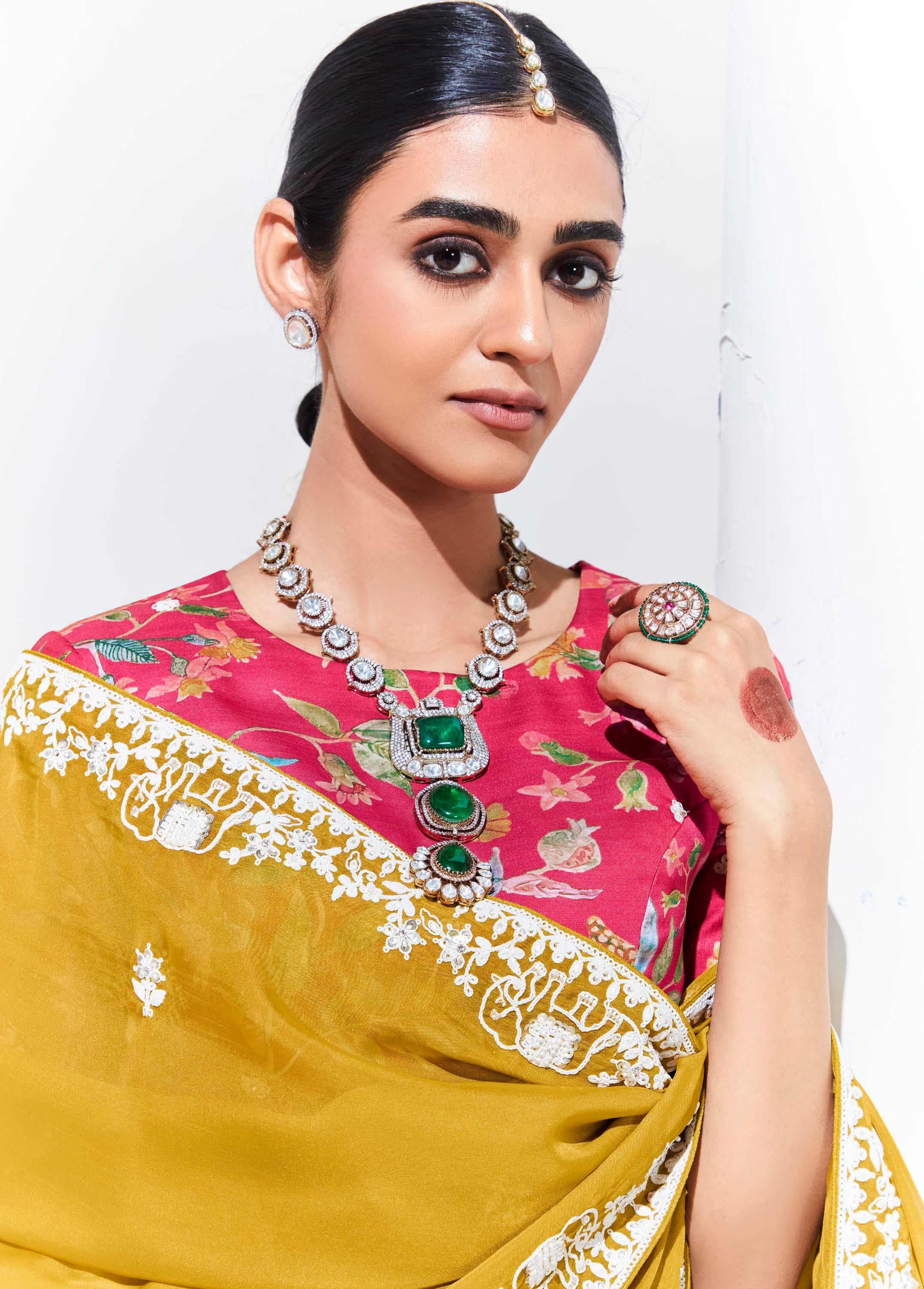 Mustard Organza Saree With  Thread Embroidery with Printed Blouse