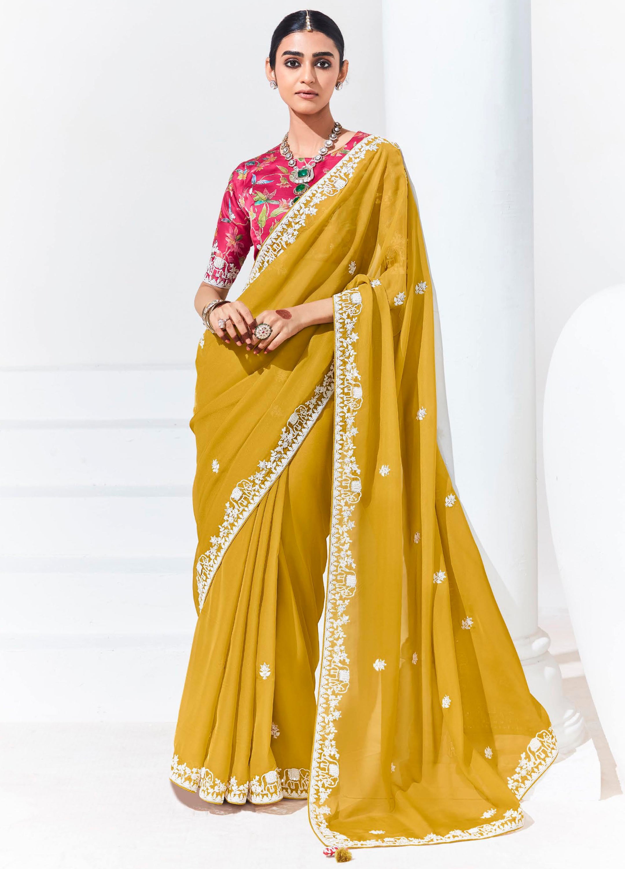 Mustard Organza Saree With  Thread Embroidery with Printed Blouse