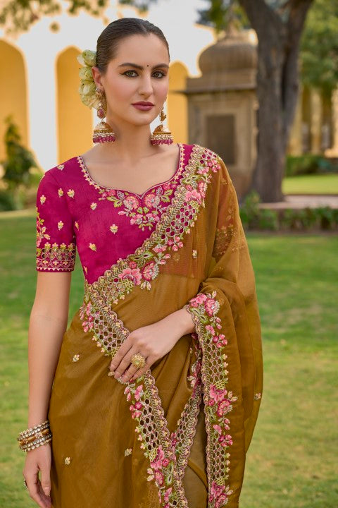 Mustard Organza Silk Saree With  Heavy Thread Embroidery With Sequins Work