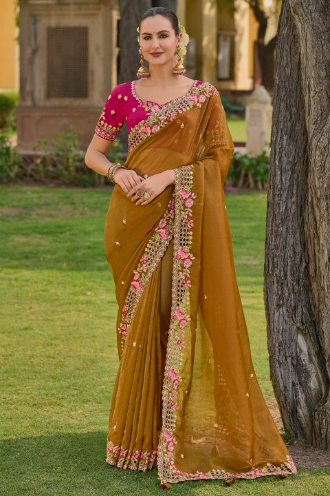 Mustard Organza Silk Saree With  Heavy Thread Embroidery With Sequins Work