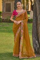 Mustard Organza Silk Saree With  Heavy Thread Embroidery With Sequins Work