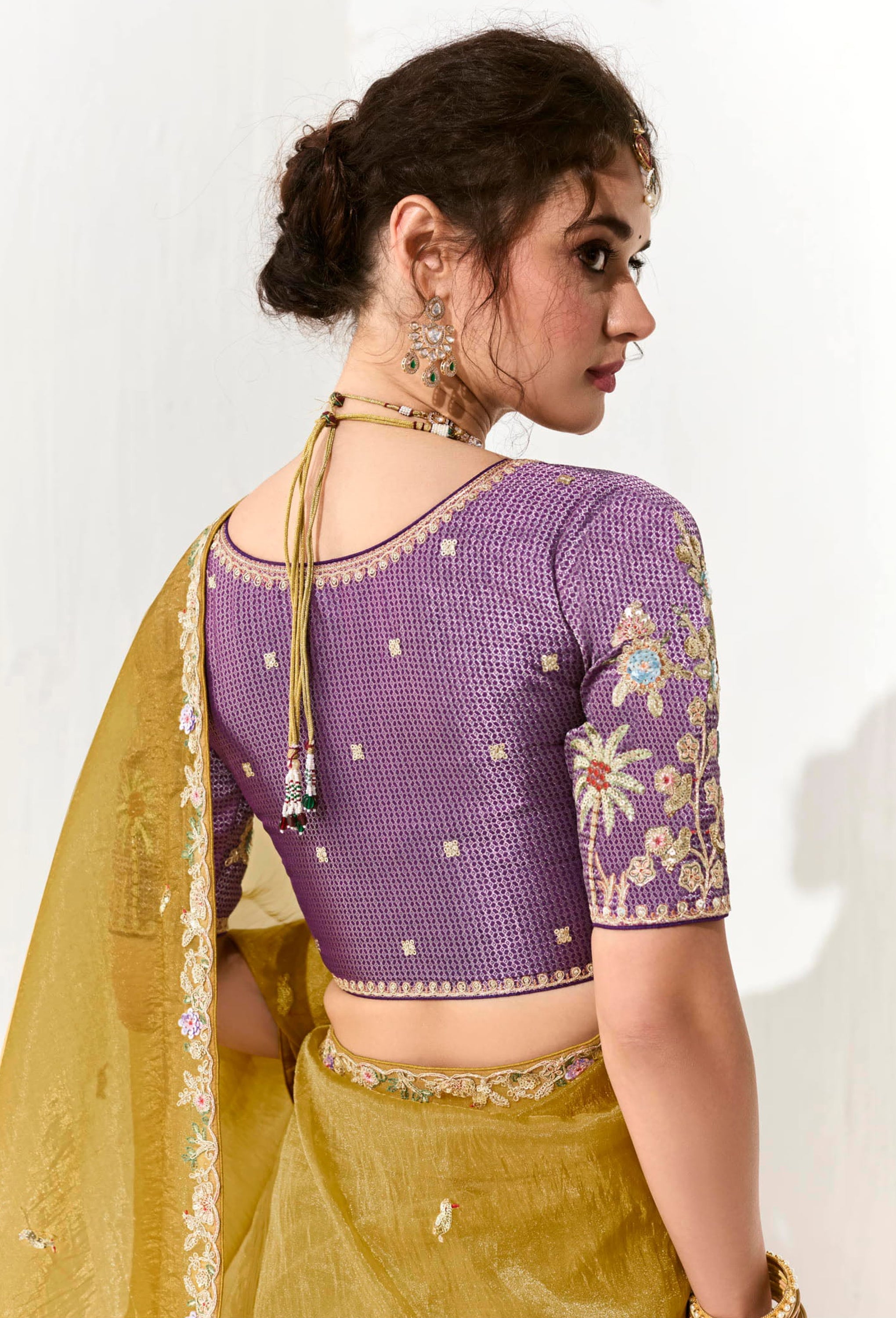 Mustard Organza Tissue Saree With  Heavy Embroidery Butta Work With Embroidered Blouse