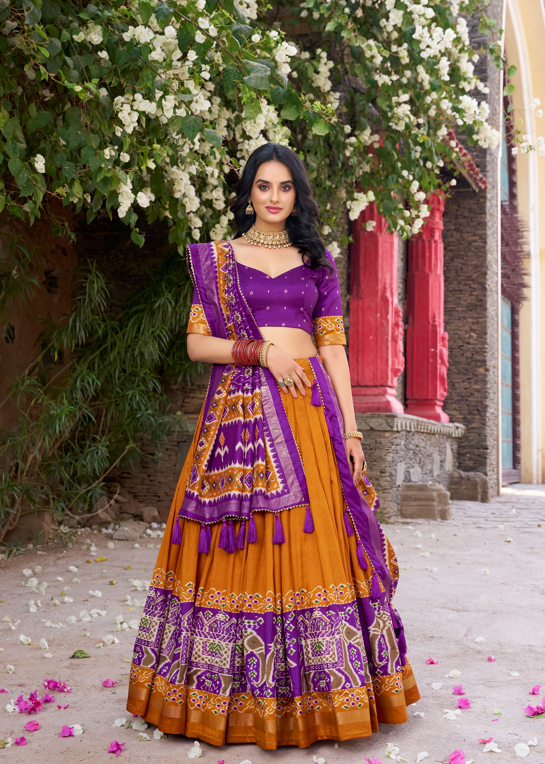 Mustard  Perfection Patola Printed Tussar Silk Lehenga with Foil Highlights