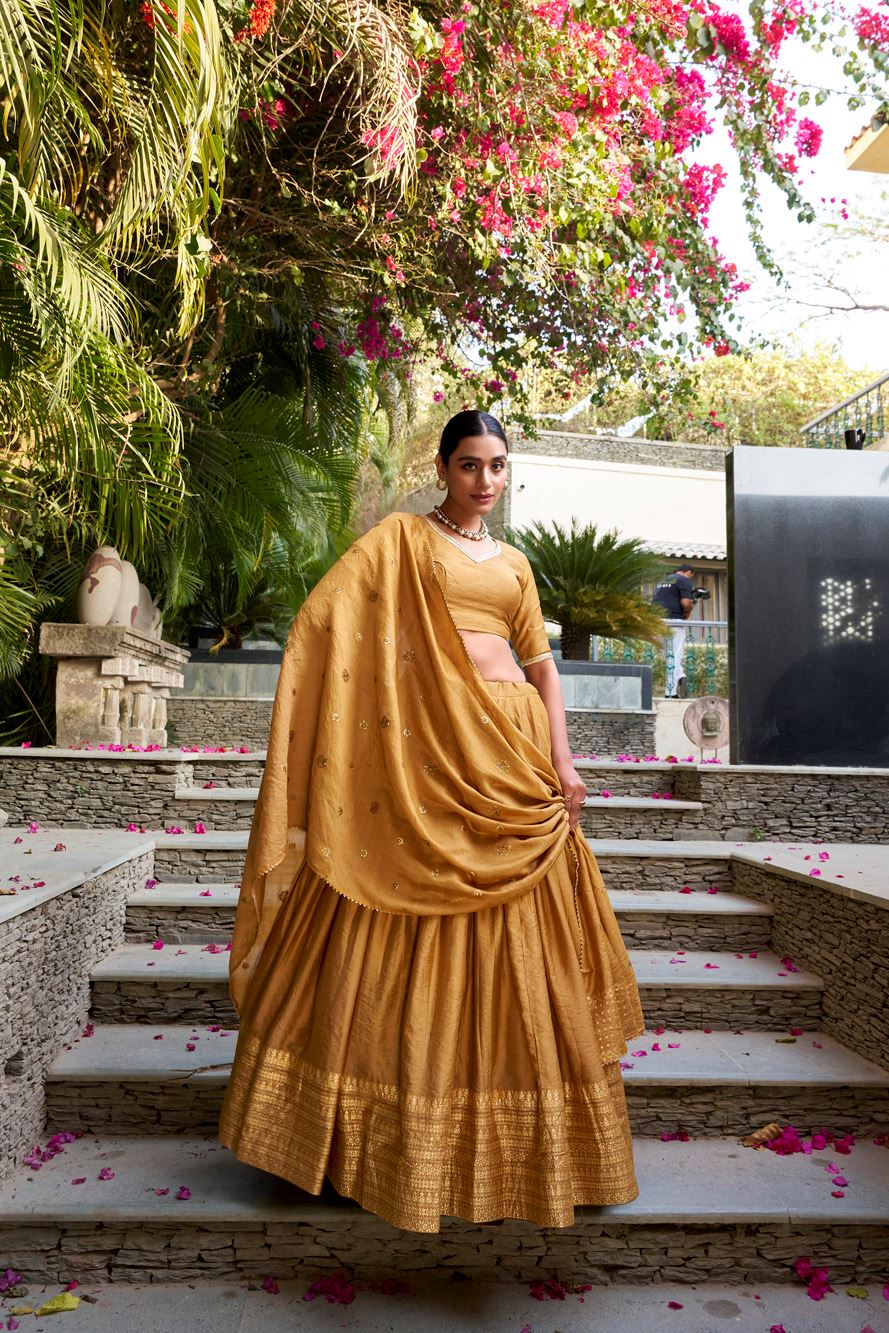 Mustard Plain Chanderi Lehenga with Zari Weaving Finish