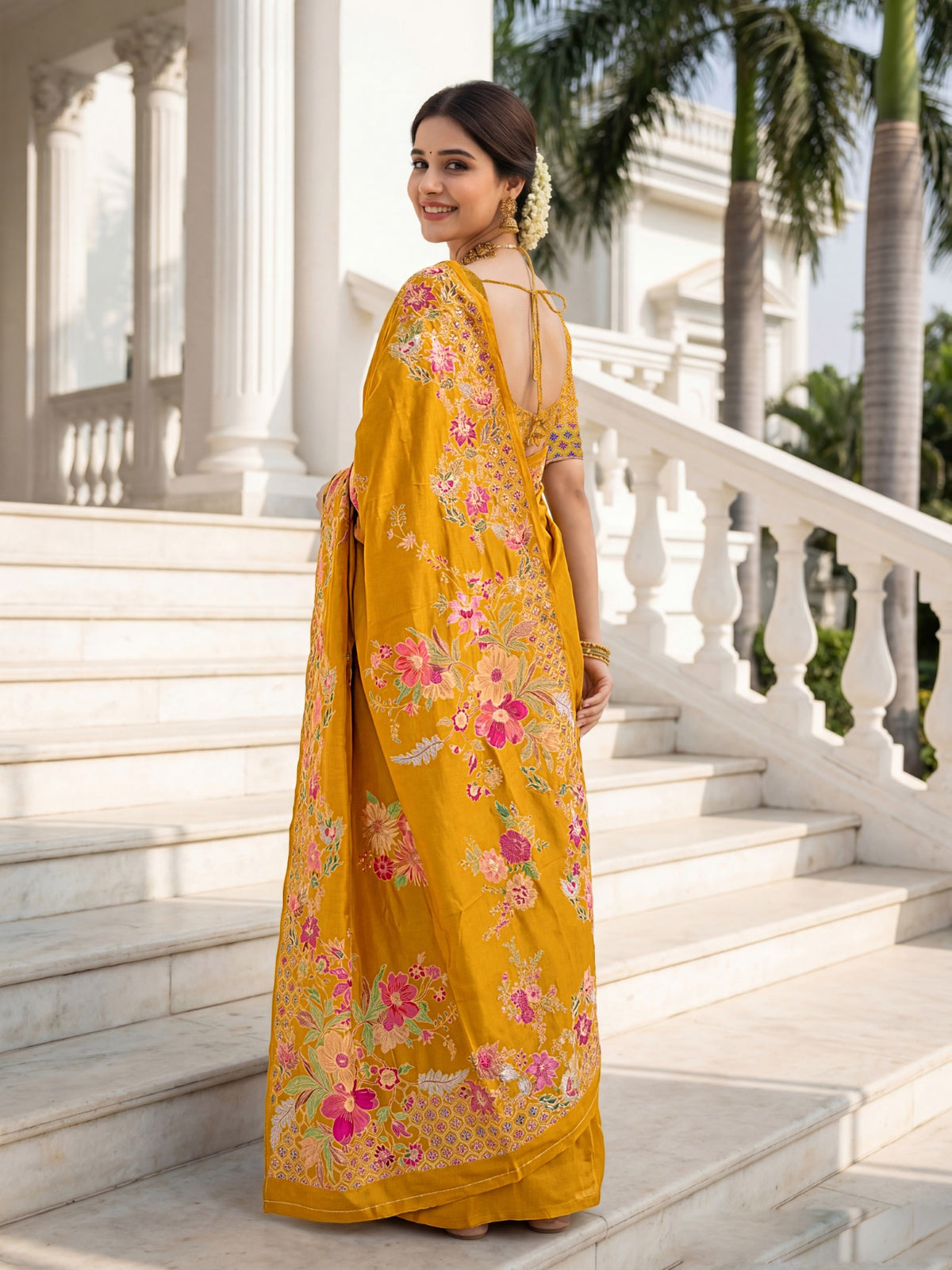 Mustard Premium Russian Silk Saree With Designer Floral Position Print