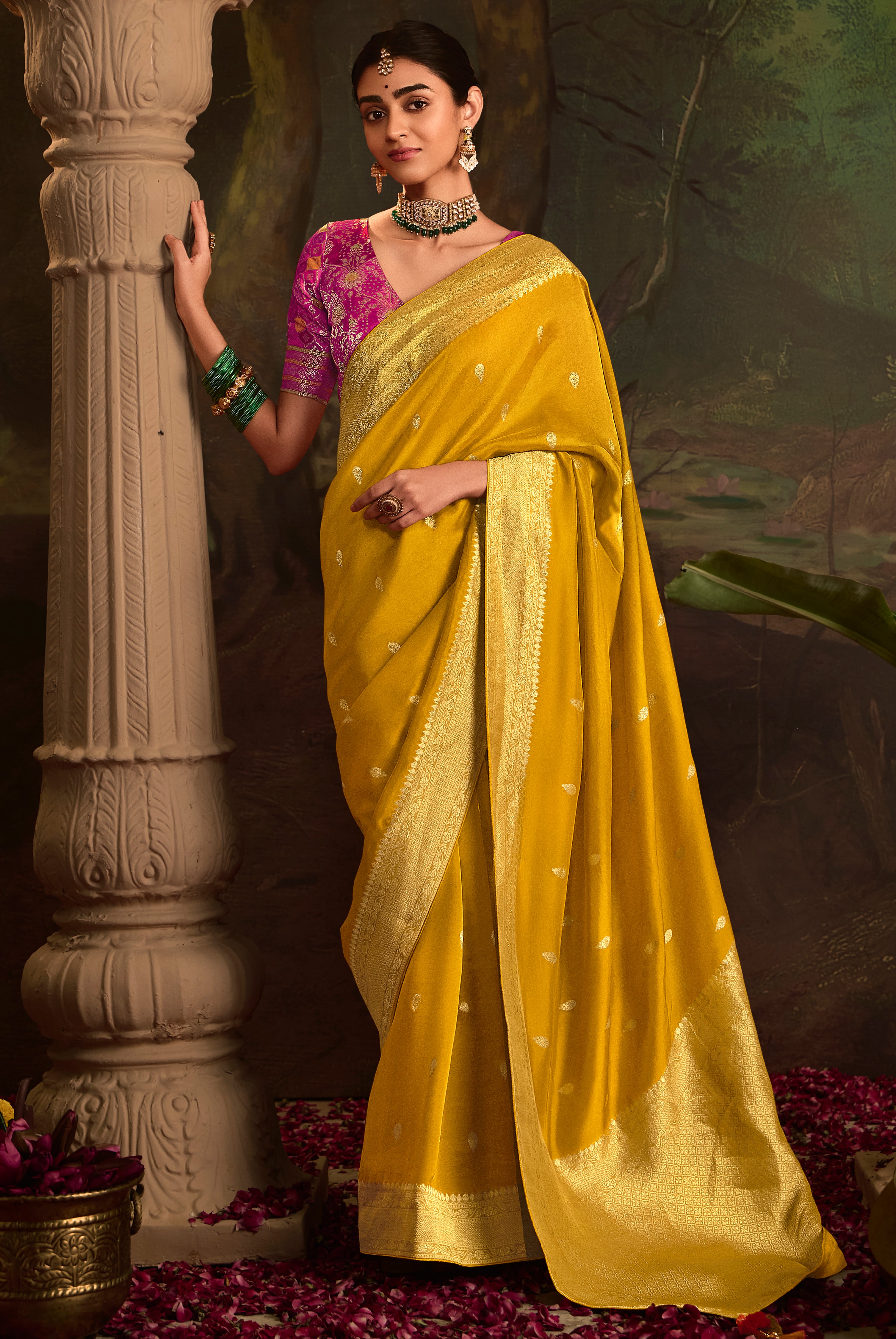 Mustard Pure Crepe Dola Silk Saree With Jacquard Woven Work