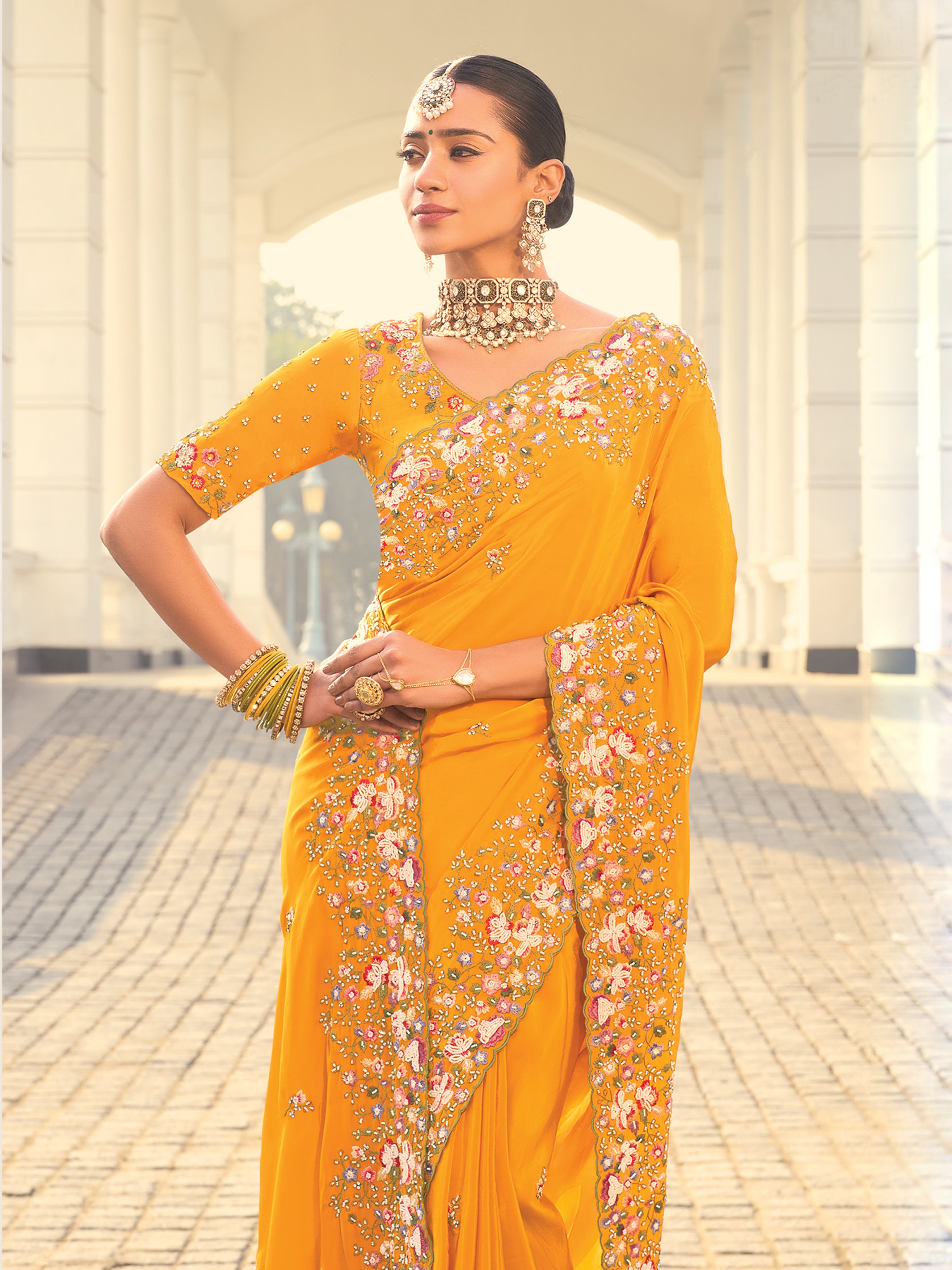 Mustard Pure Crepe Saree With Embroidery Work