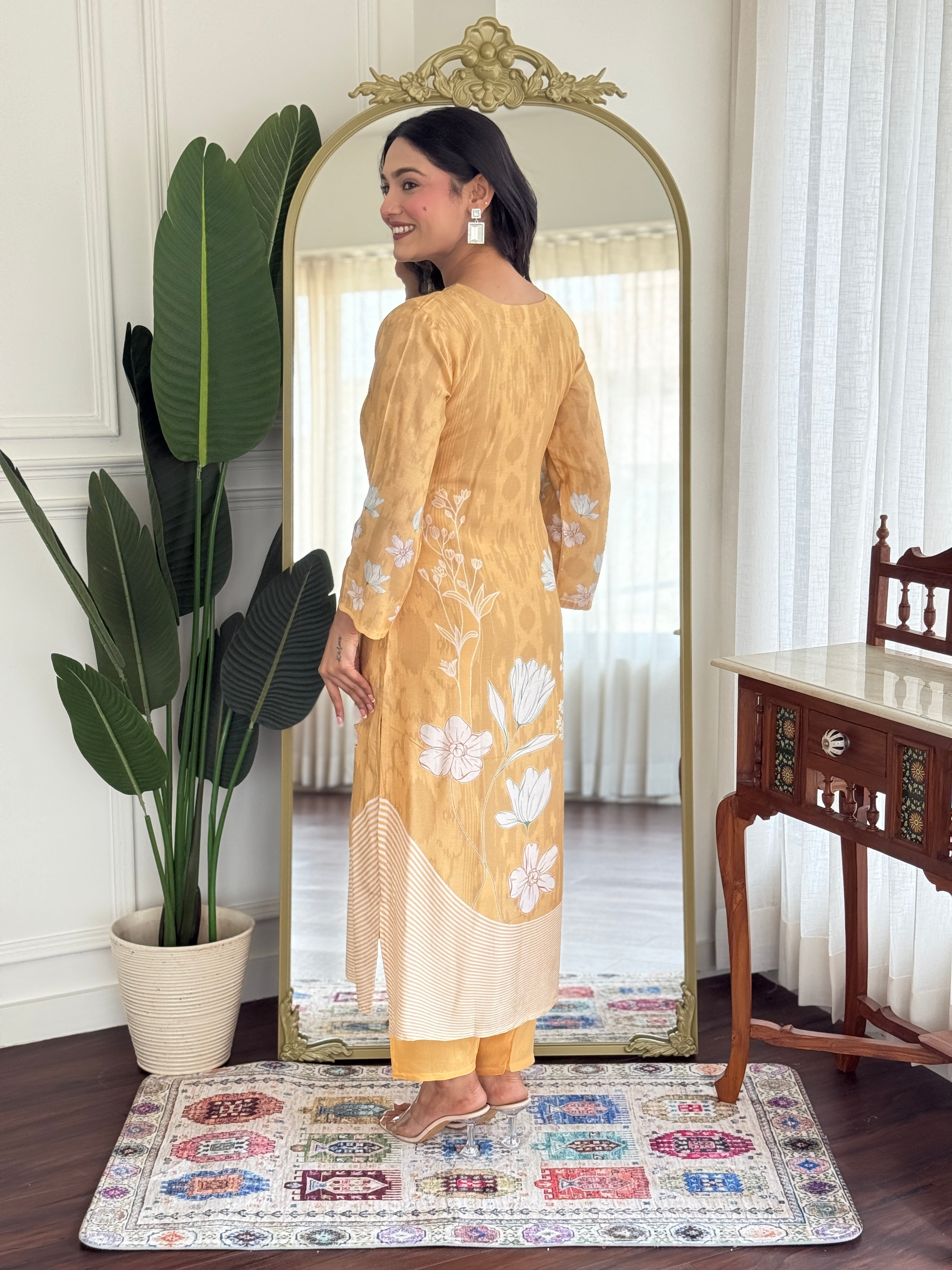 Mustard Pure Muslin Kurta Pant Set With Heavy Thread Embroidery Work With Digital Print