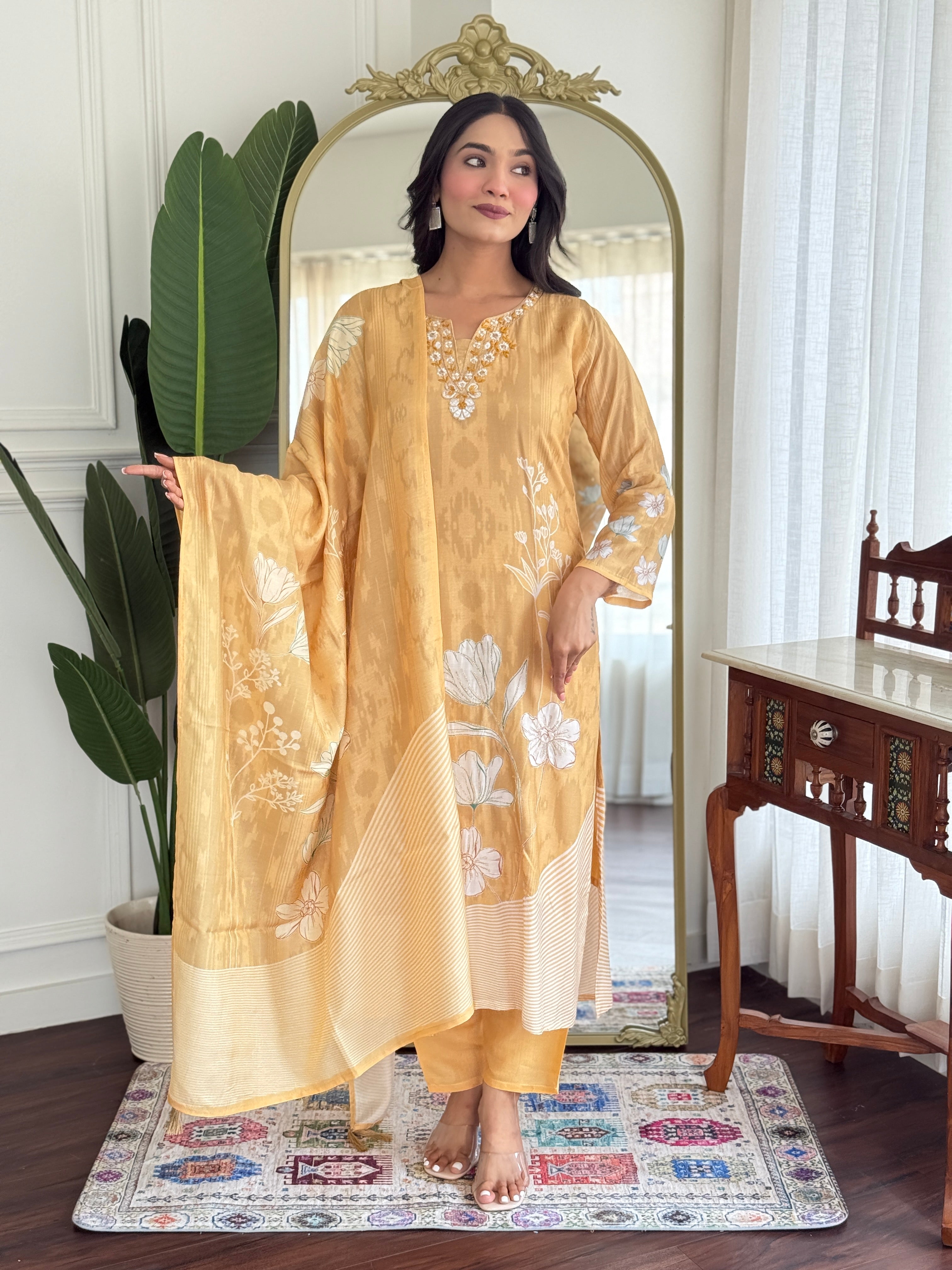 Mustard Pure Muslin Kurta Pant Set With Heavy Thread Embroidery Work With Digital Print