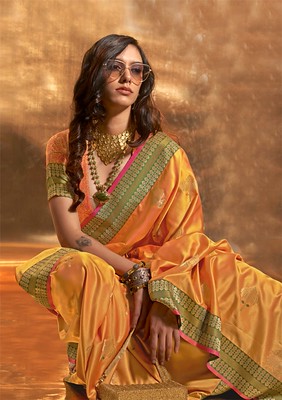 Mustard Pure Satin Silk Saree With  Jacquard Woven Work