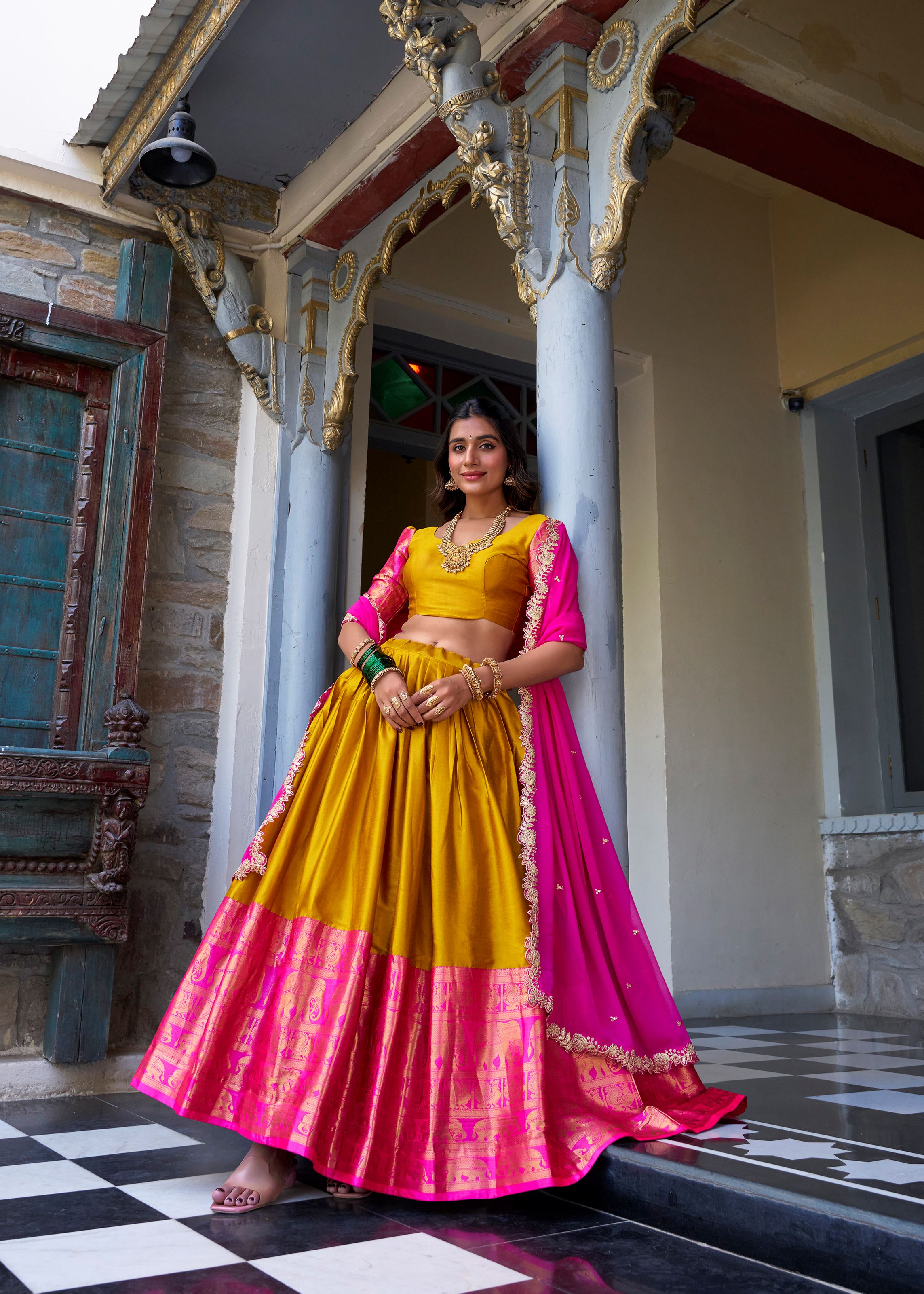 Mustard Radiance Narayan Pattu Lehenga Embellished With Exquisite Zari Weaves