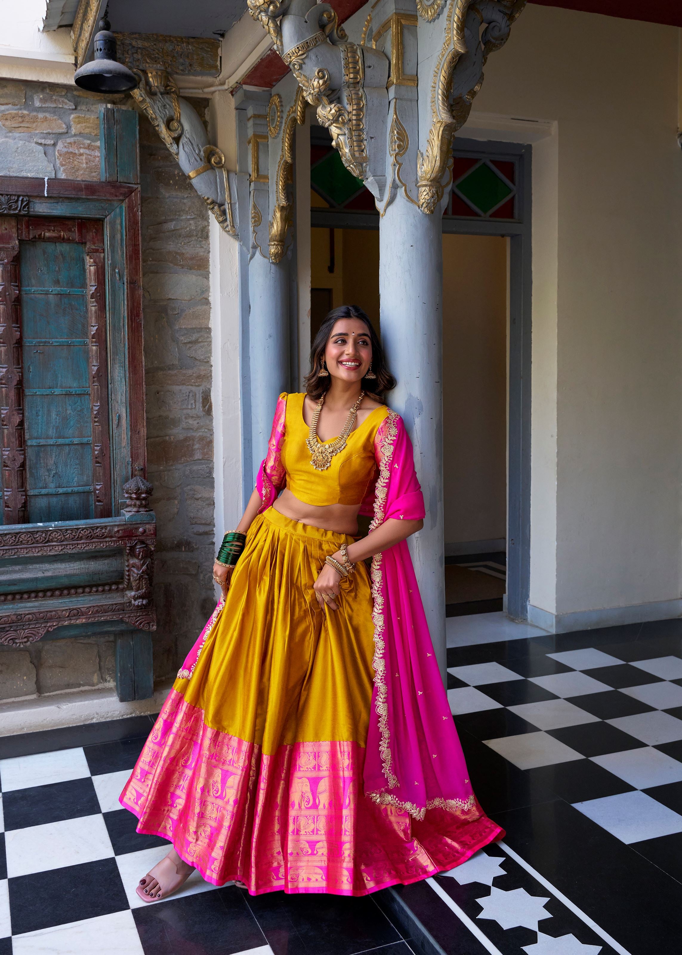 Mustard Radiance Narayan Pattu Lehenga Embellished With Exquisite Zari Weaves