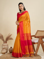 Mustard Raw Silk Saree with Temple Border and Striped Pallu