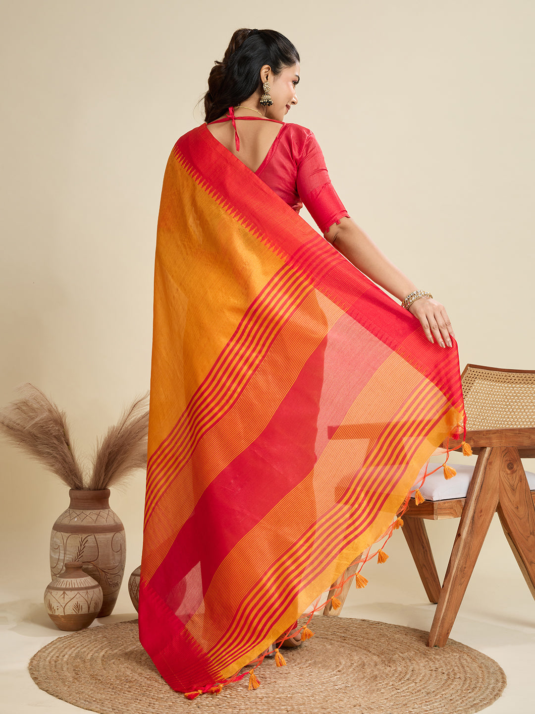 Mustard Raw Silk Saree with Temple Border and Striped Pallu