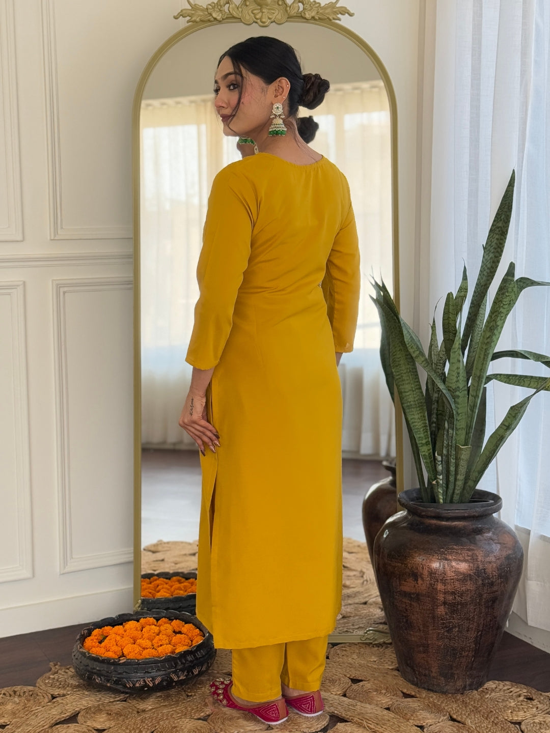 Mustard Rayon Elegant Kurta Pant Set With Embroidery Work