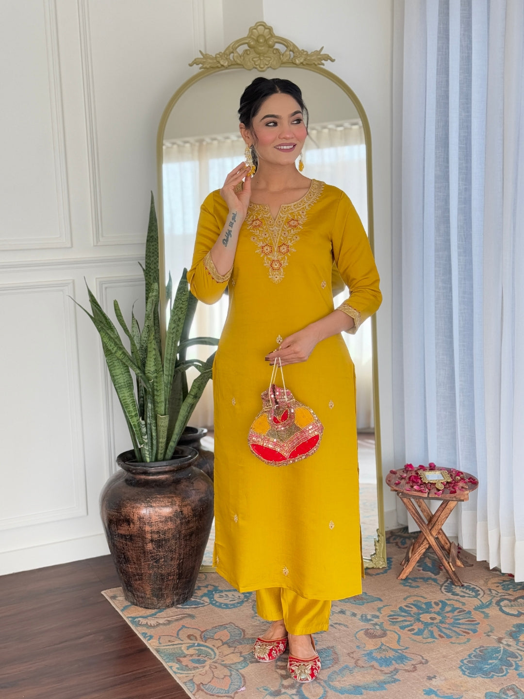 Mustard Rayon Elegant Kurta Pant Set With Embroidery Work