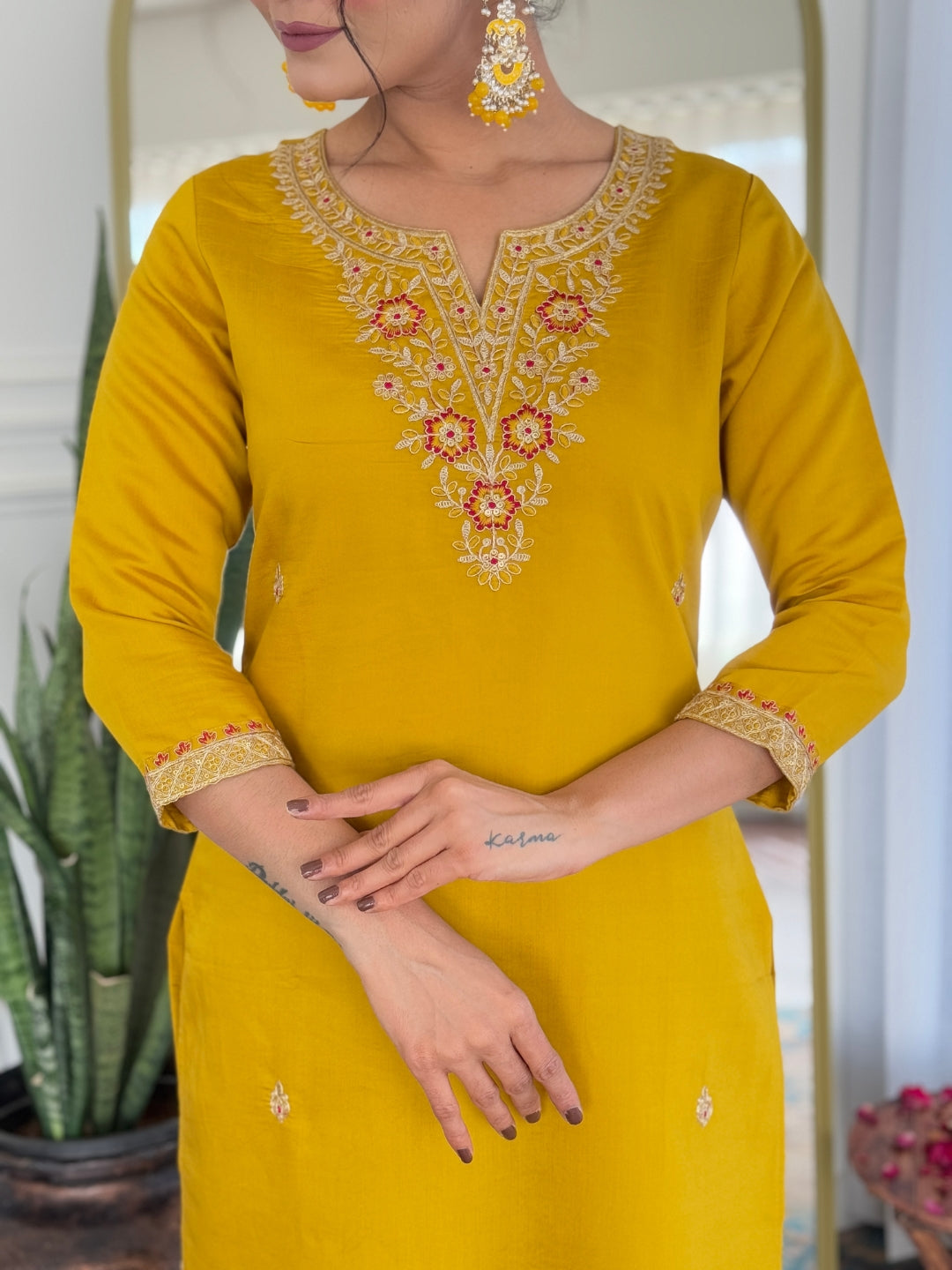 Mustard Rayon Elegant Kurta Pant Set With Embroidery Work