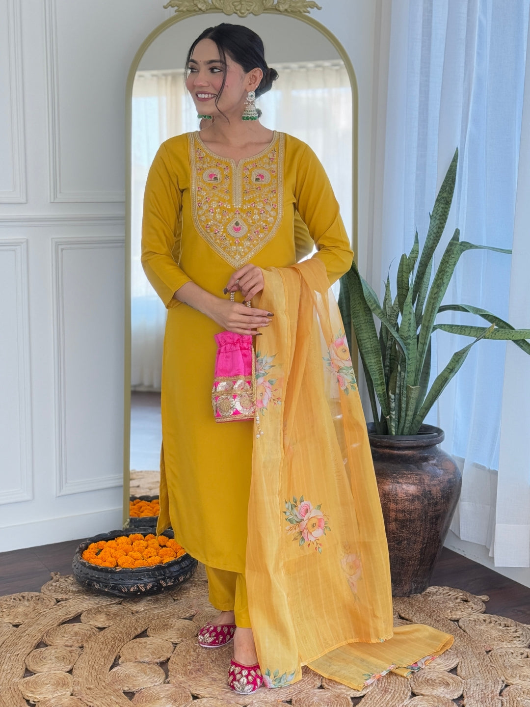 Mustard Rayon Elegant Kurta Pant Set With Embroidery Work