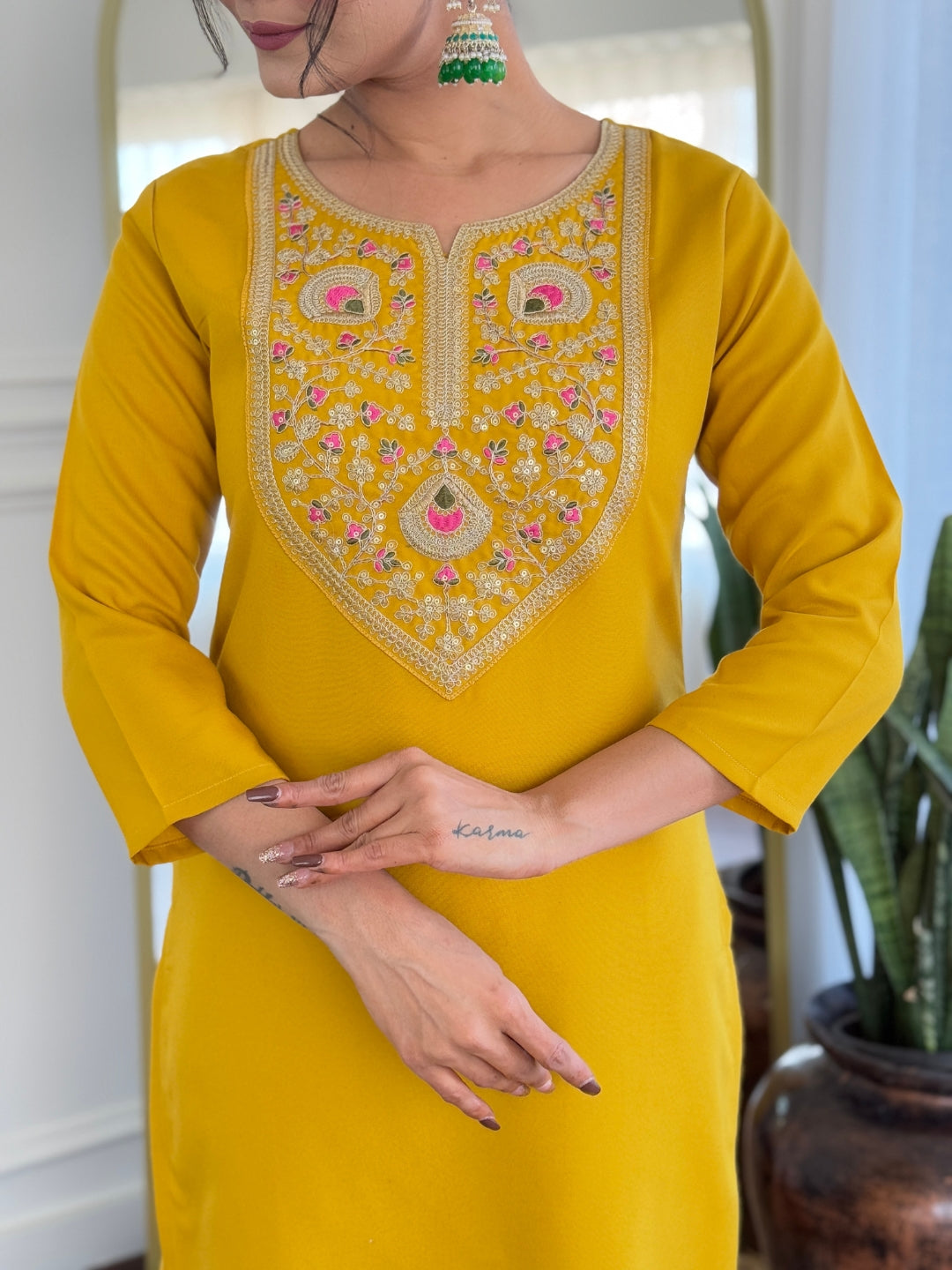 Mustard Rayon Elegant Kurta Pant Set With Embroidery Work