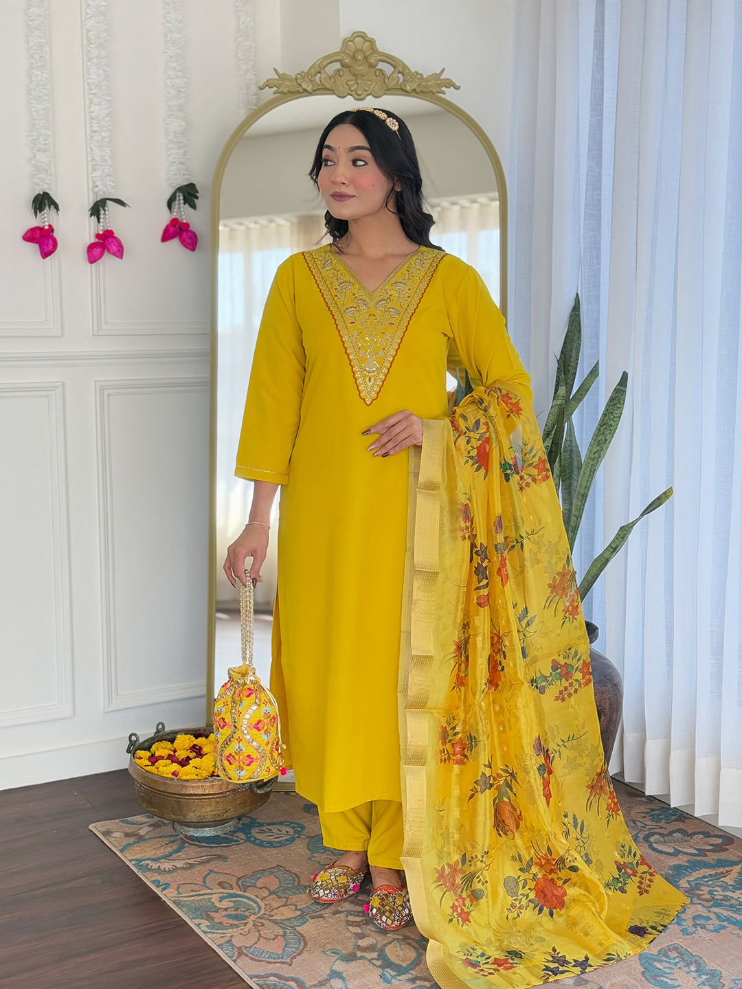 Mustard Rayon Kurta Pant Set With Embroidery Work
