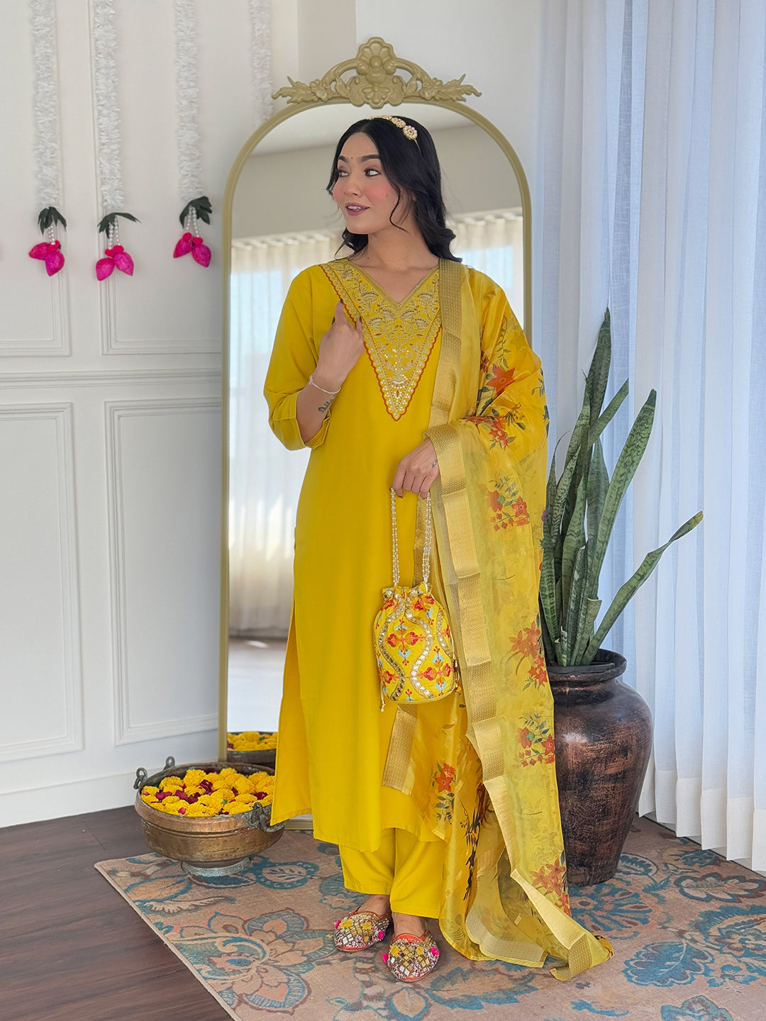 Mustard Rayon Kurta Pant Set With Embroidery Work