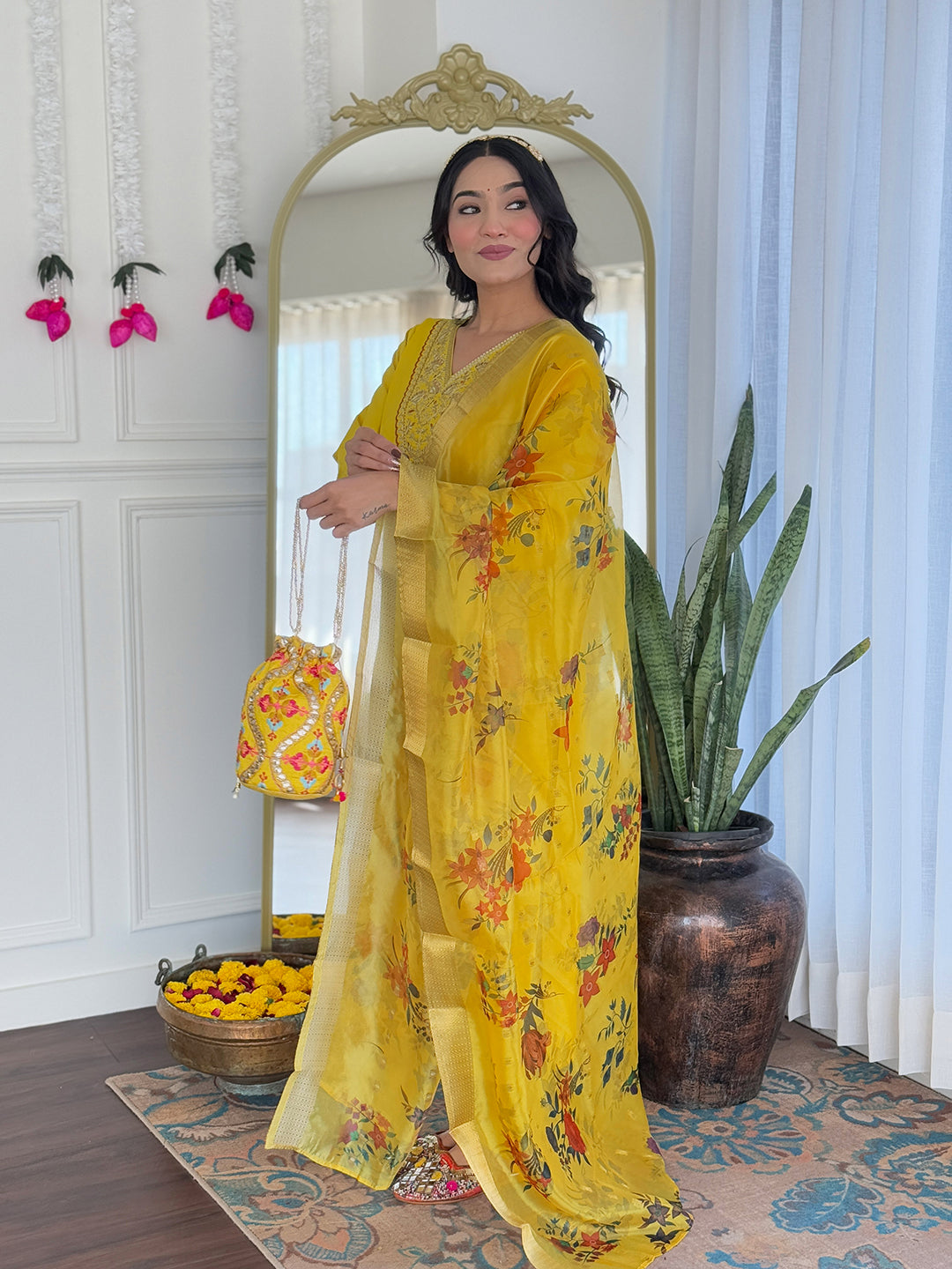 Mustard Rayon Kurta Pant Set With Embroidery Work