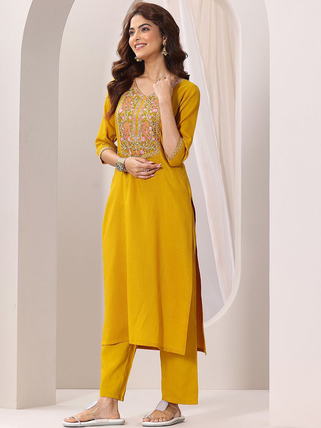 Mustard Rayon Kurta Pant Set With Heavy Thread Embroidery Work