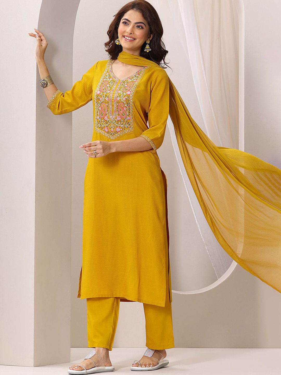 Mustard Rayon Kurta Pant Set With Heavy Thread Embroidery Work
