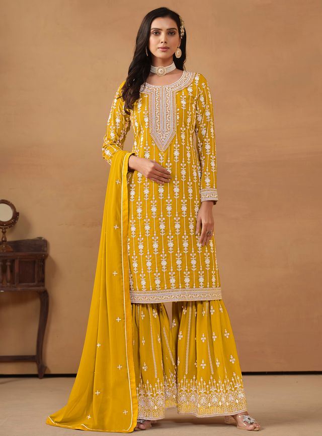 Mustard Salwar Kameez With Thread Emboirdered Work