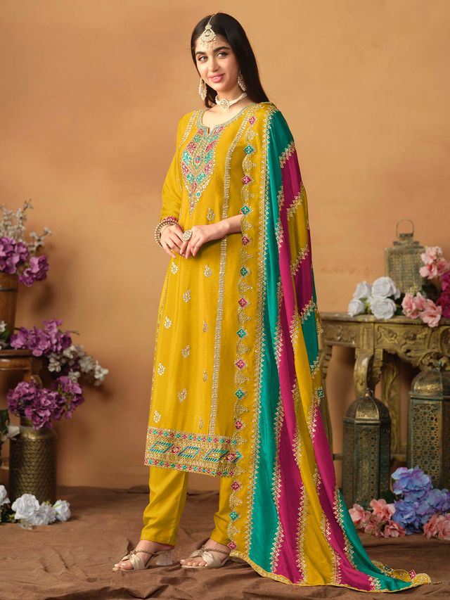 Mustard Salwar Kameez With Thread Emboirdered Work