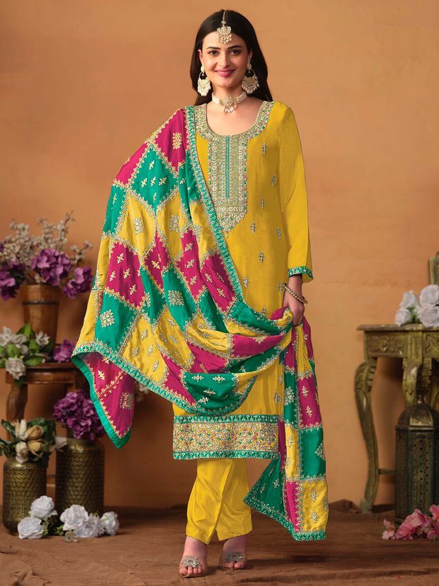 Mustard Salwar Kameez With Thread Emboirdered Work