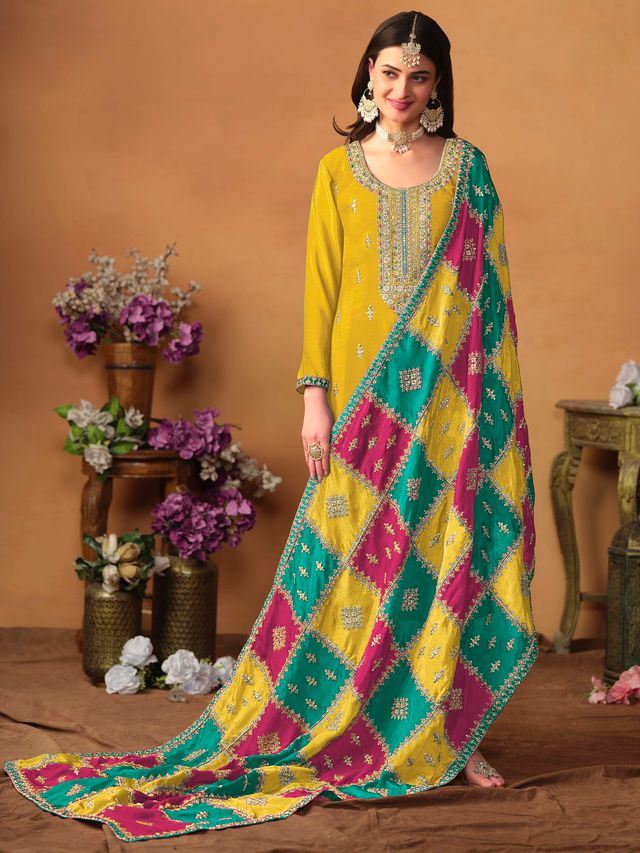 Mustard Salwar Kameez With Thread Emboirdered Work