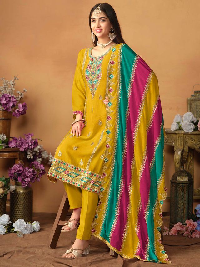 Mustard Salwar Kameez With Thread Emboirdered Work