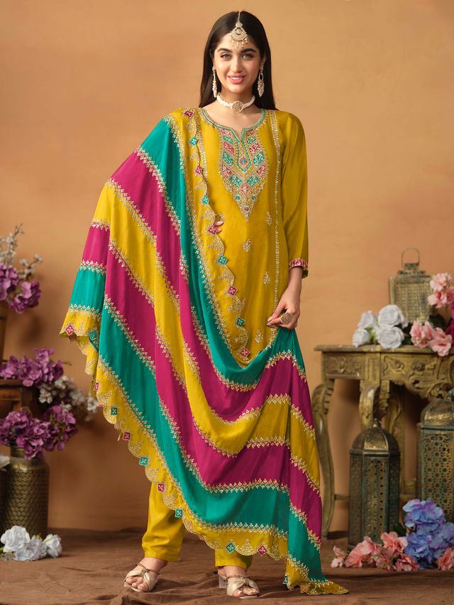 Mustard Salwar Kameez With Thread Emboirdered Work