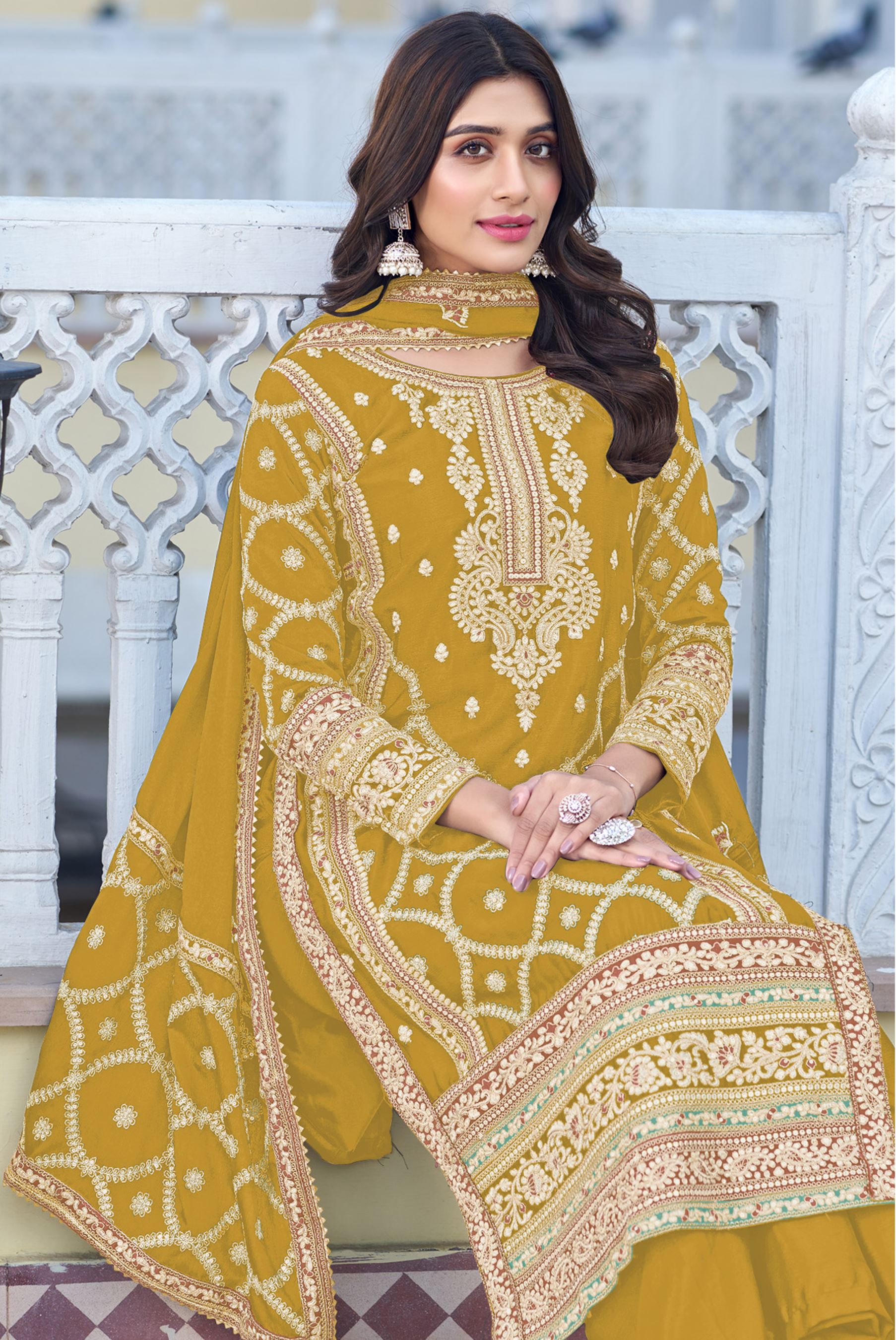 Mustard Salwar Kameez with Heavy Thread Embroidery and Zari With Sequins Work