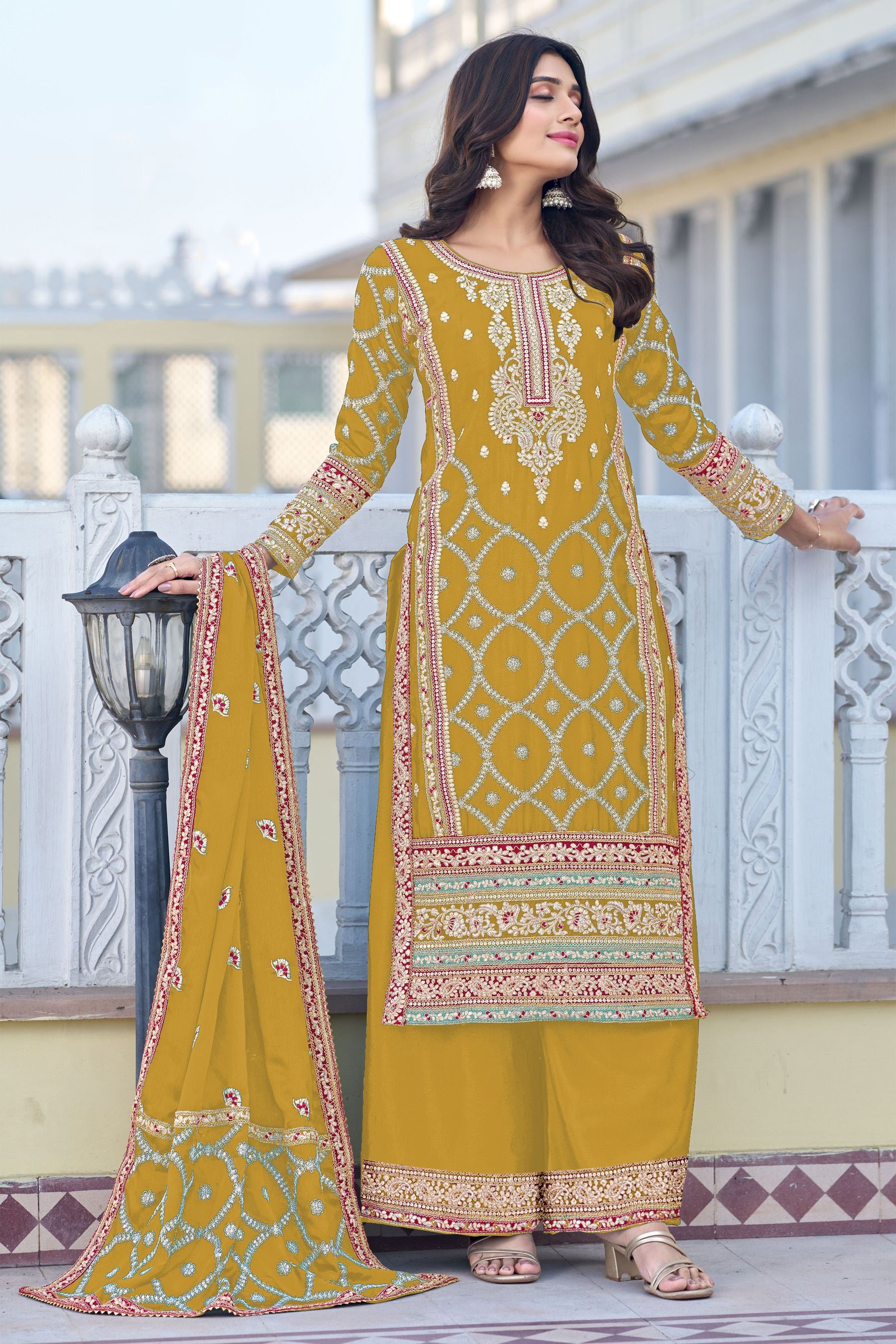 Mustard Salwar Kameez with Heavy Thread Embroidery and Zari With Sequins Work
