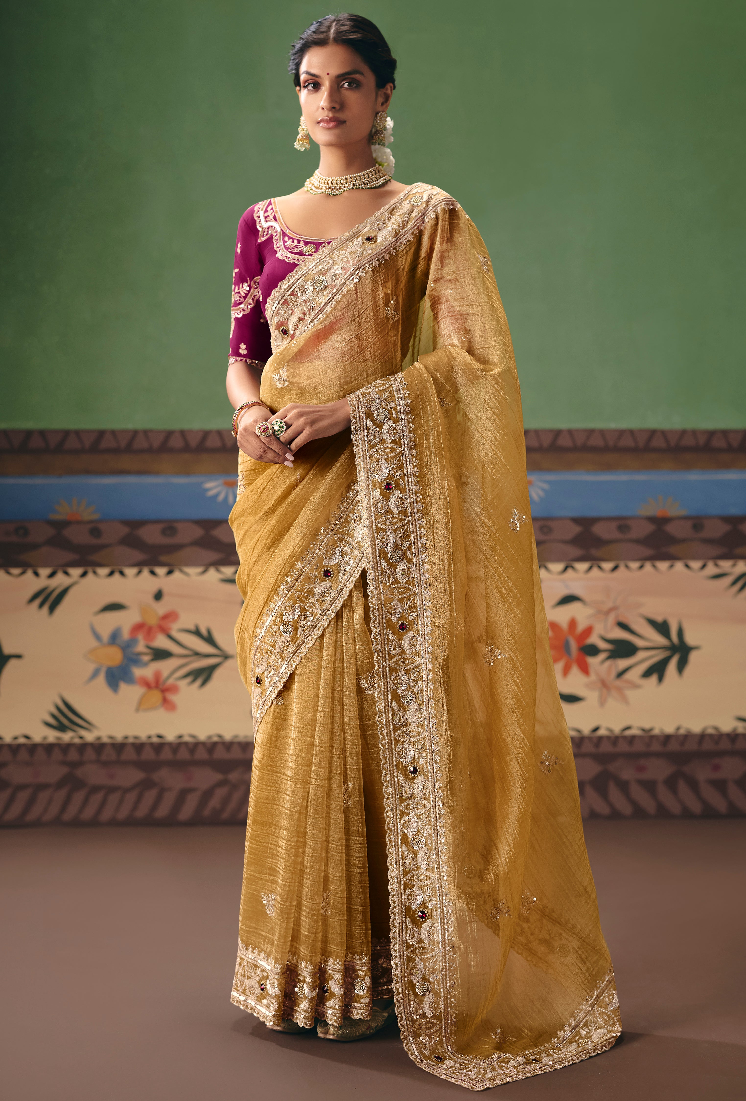Mustard Saree With  Heavy Designer Embroidery, Sequince, Stone, Pearl With Beads Work