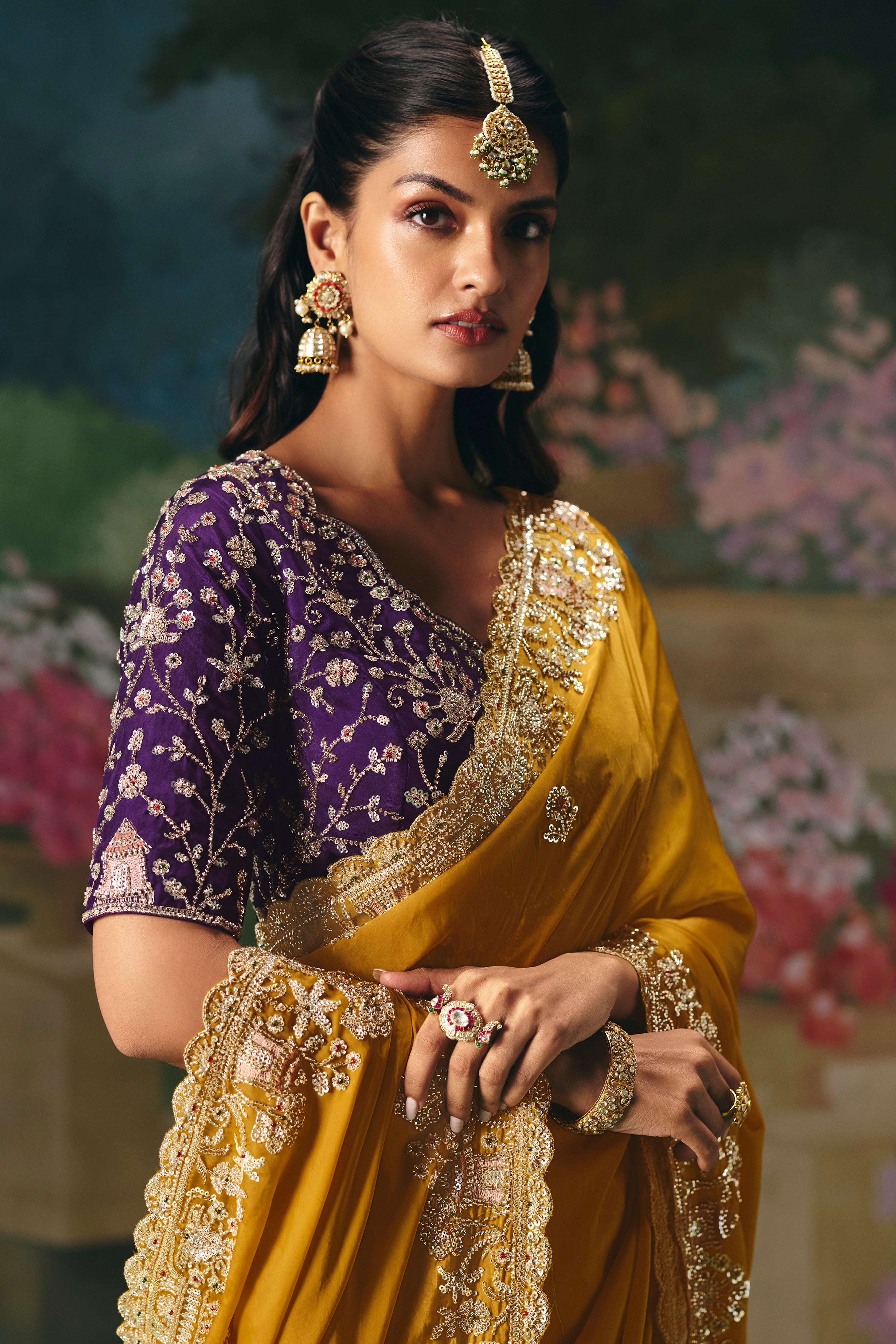 Mustard Saree With  Heavy Designer Embroidery, Sequince, Stone, With Beads Work