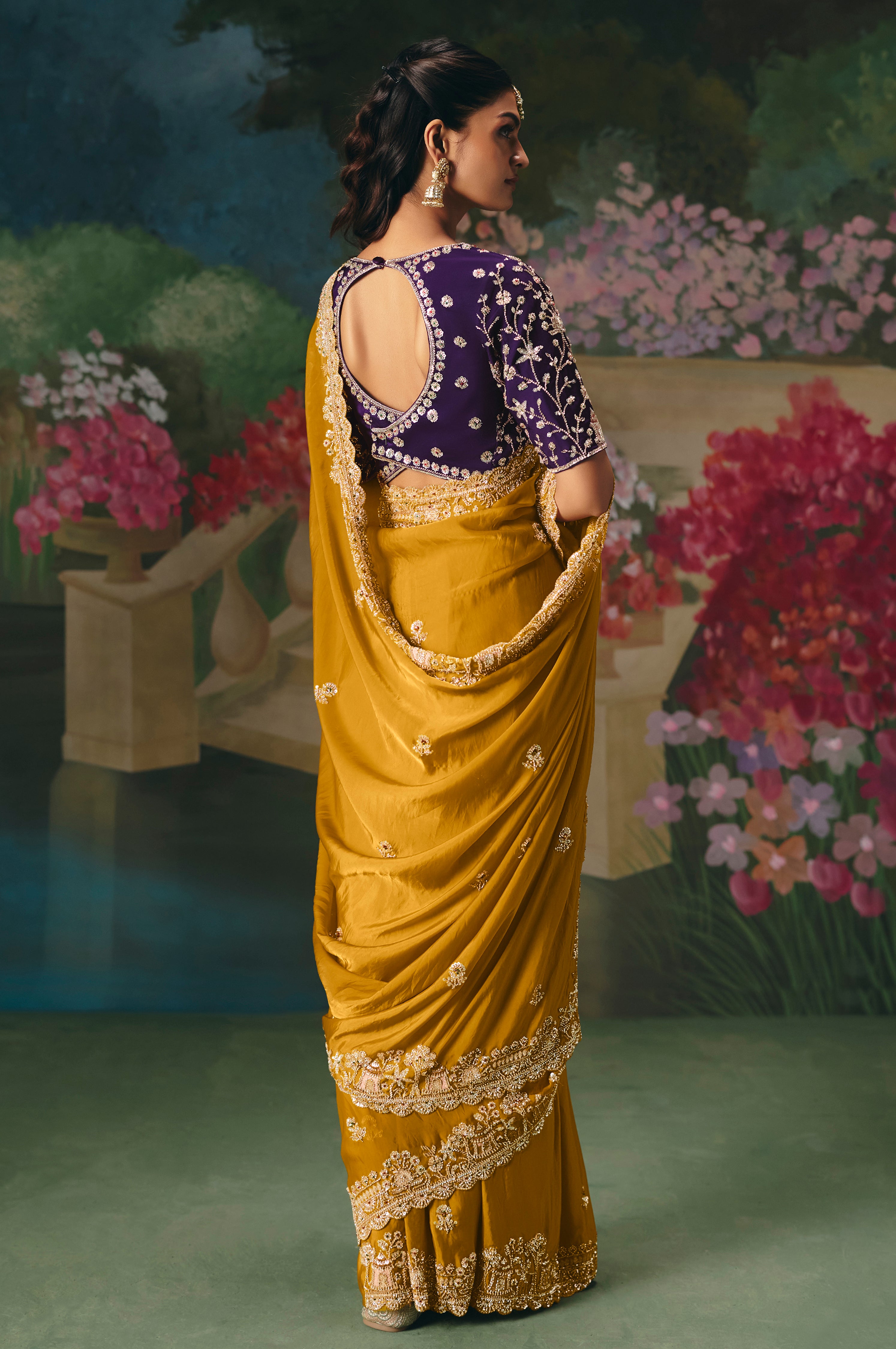 Mustard Saree With  Heavy Designer Embroidery, Sequince, Stone, With Beads Work