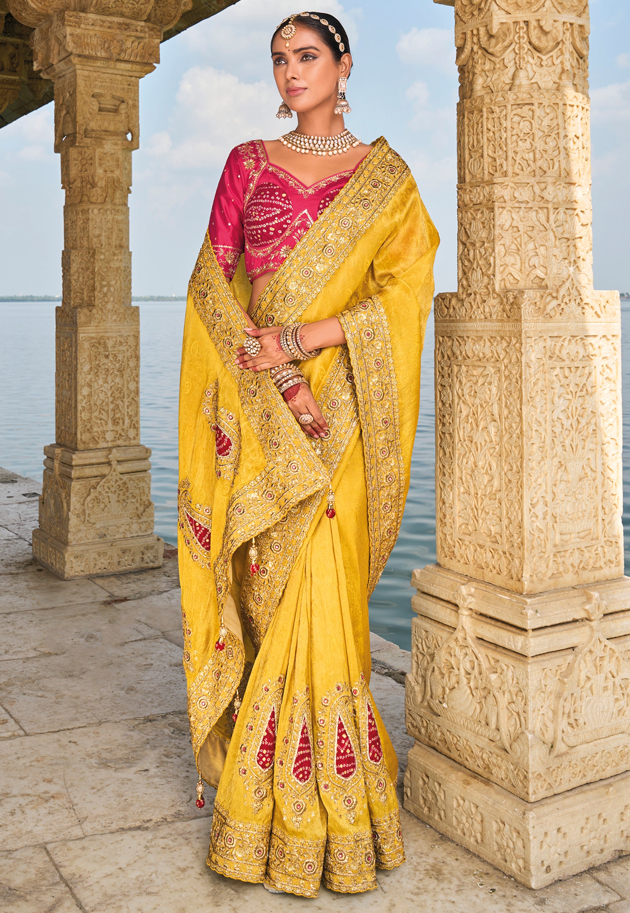 Mustard Saree With Heavy Embroidered Work