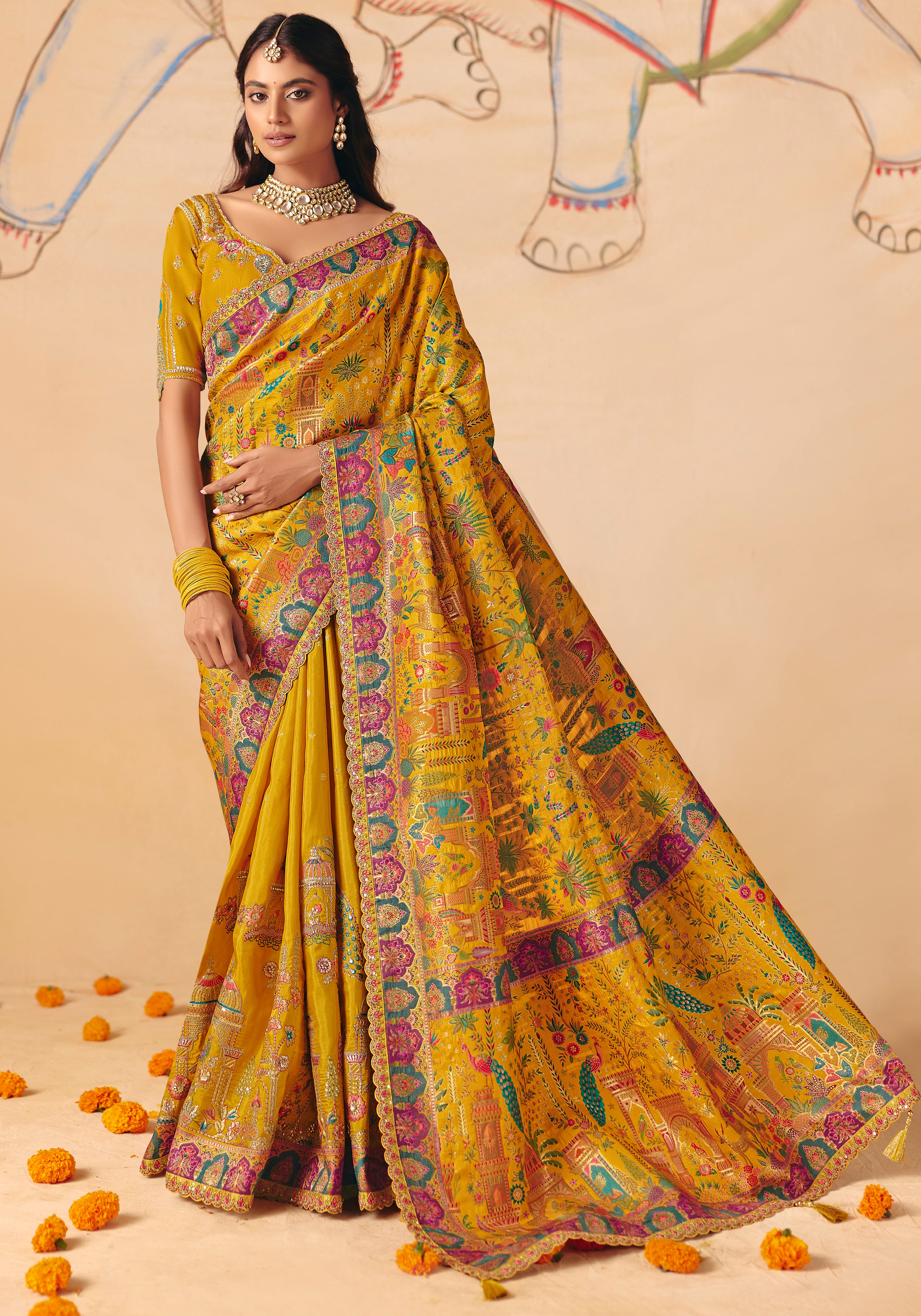 Mustard Saree With  Heavy Embroidery, Sequin, Thread, and Stone Work On Patli & Cutwork Lace With Heavy Work Blouse