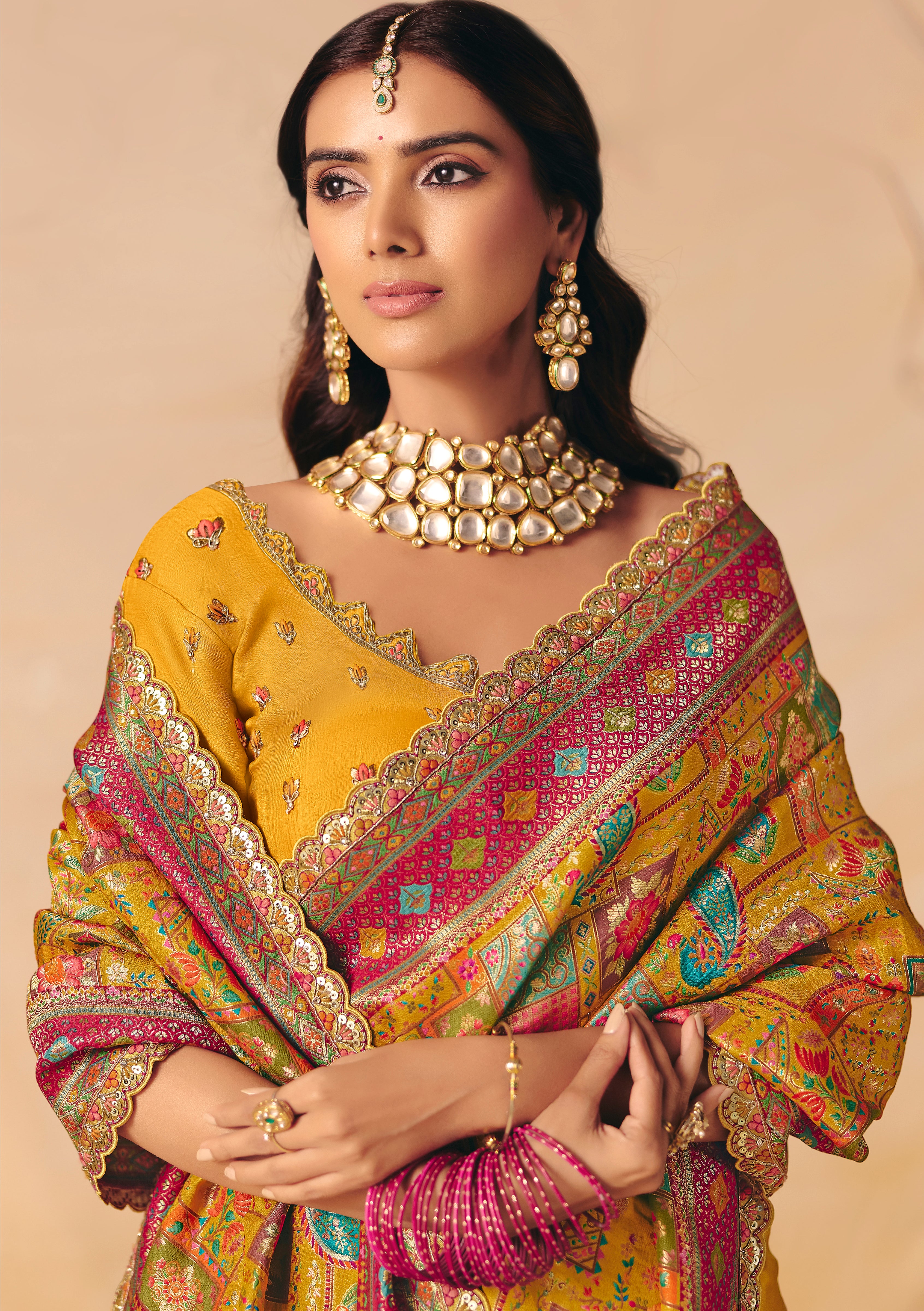 Mustard Saree With  Heavy Embroidery, Sequin, Thread, and Stone Work On Patli & Cutwork Lace With Heavy Work Blouse