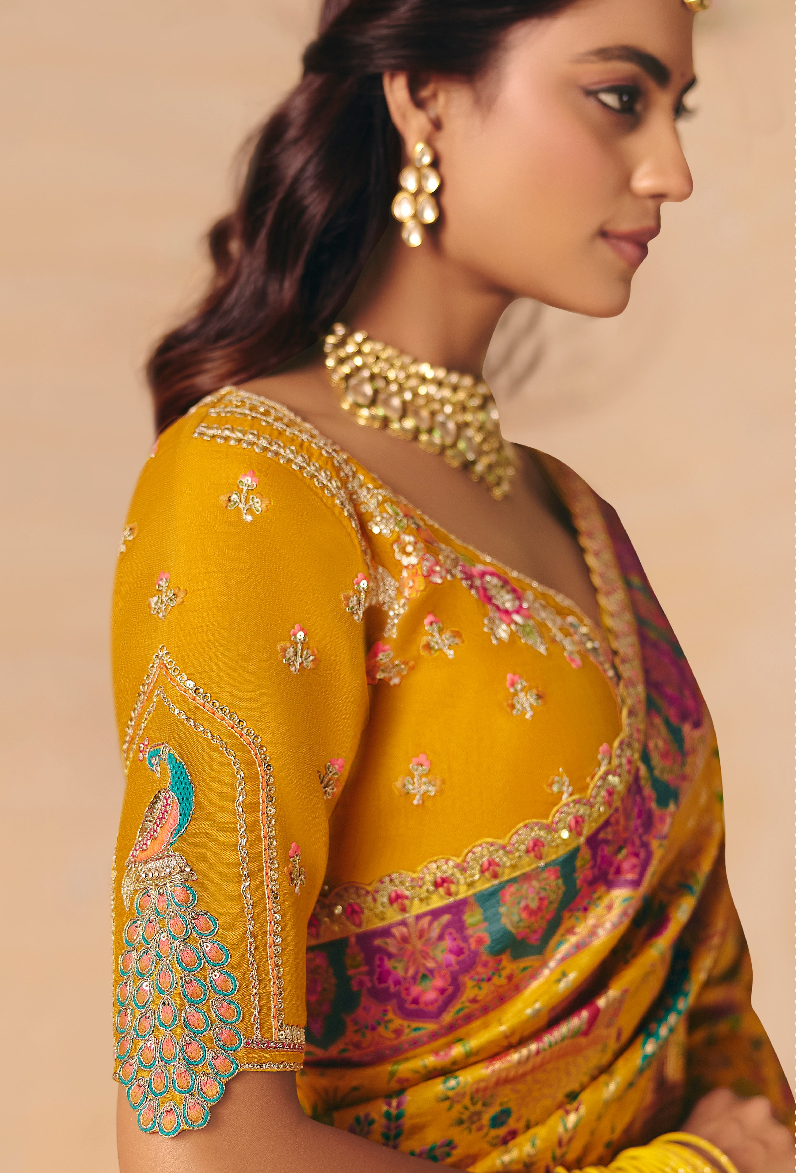 Mustard Saree With  Heavy Embroidery, Sequin, Thread, and Stone Work On Patli & Cutwork Lace With Heavy Work Blouse