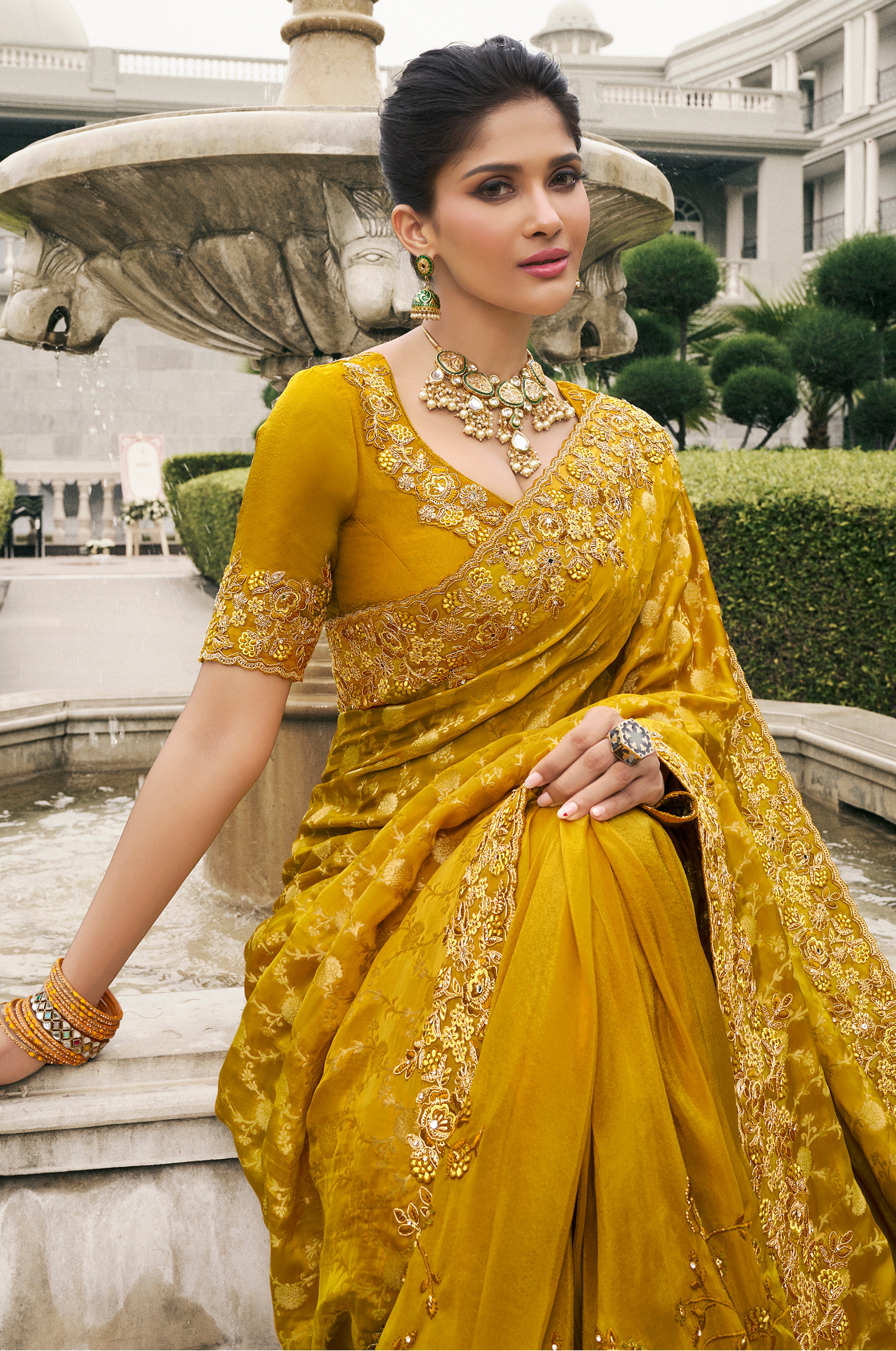 Mustard Saree With  Heavy Thread Embroidery, Stone, Pearl, Real Mirror Work