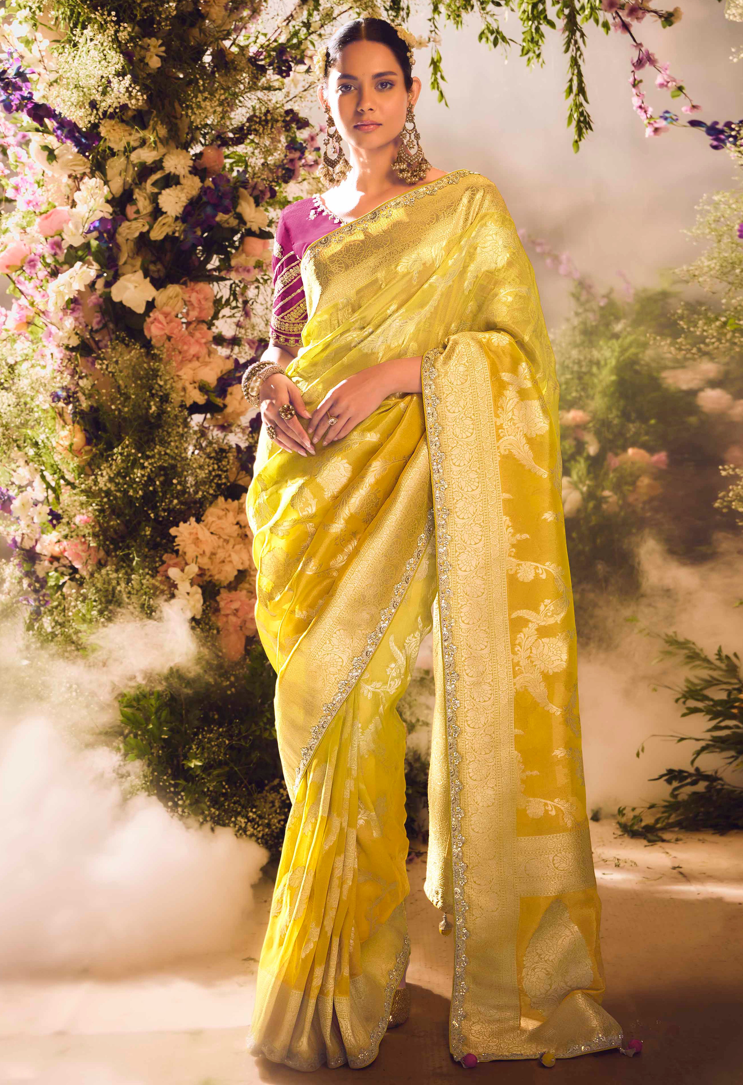 Mustard Saree With  Jacquard Woven Work with Embroidered Lace Border