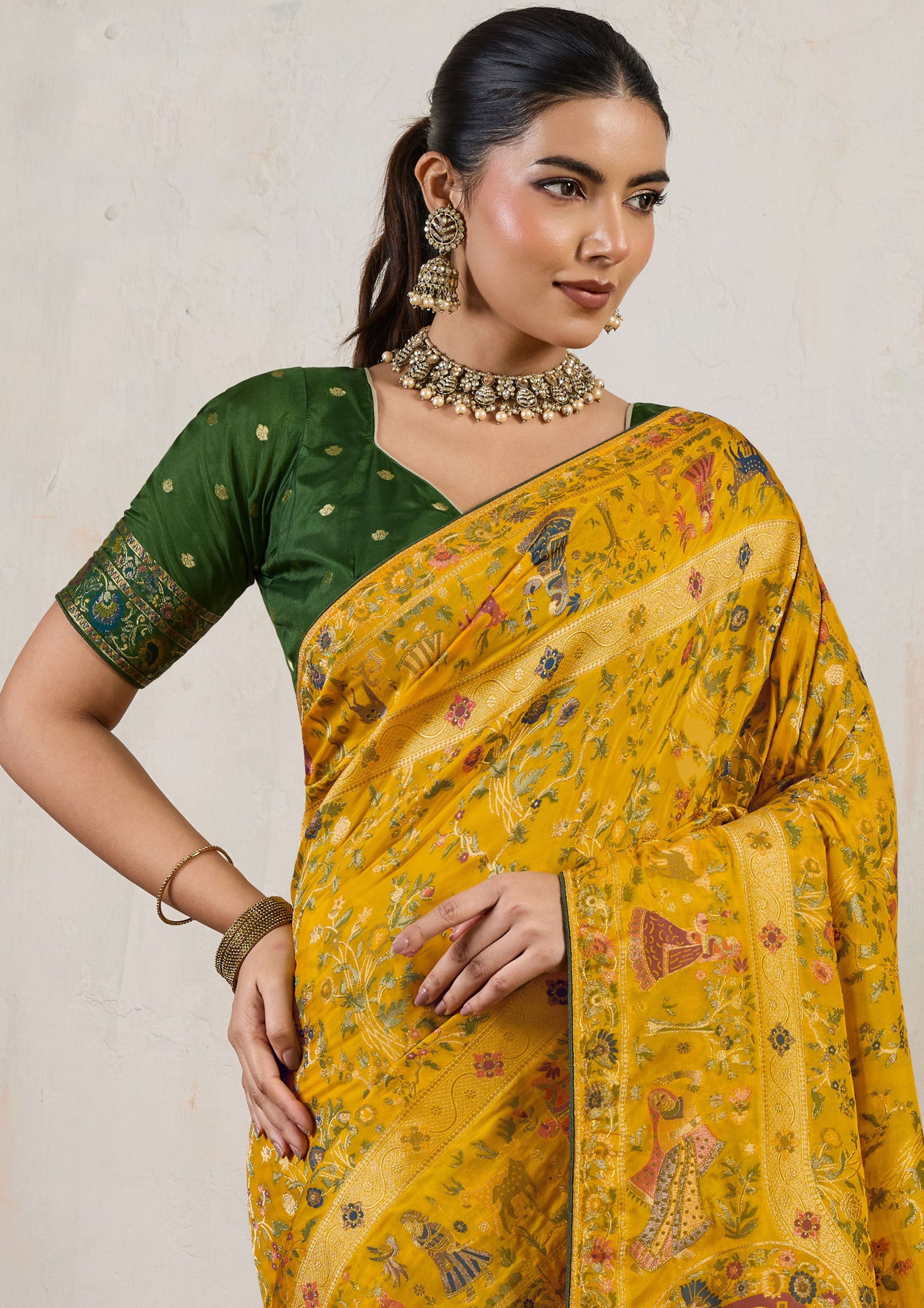 Mustard Saree With  Meenakari with 3 Zari Shades & 8 Color Thread Shades, Creating a Masterpiece