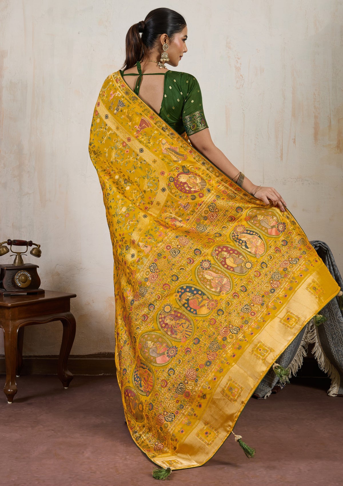 Mustard Saree With  Meenakari with 3 Zari Shades & 8 Color Thread Shades, Creating a Masterpiece
