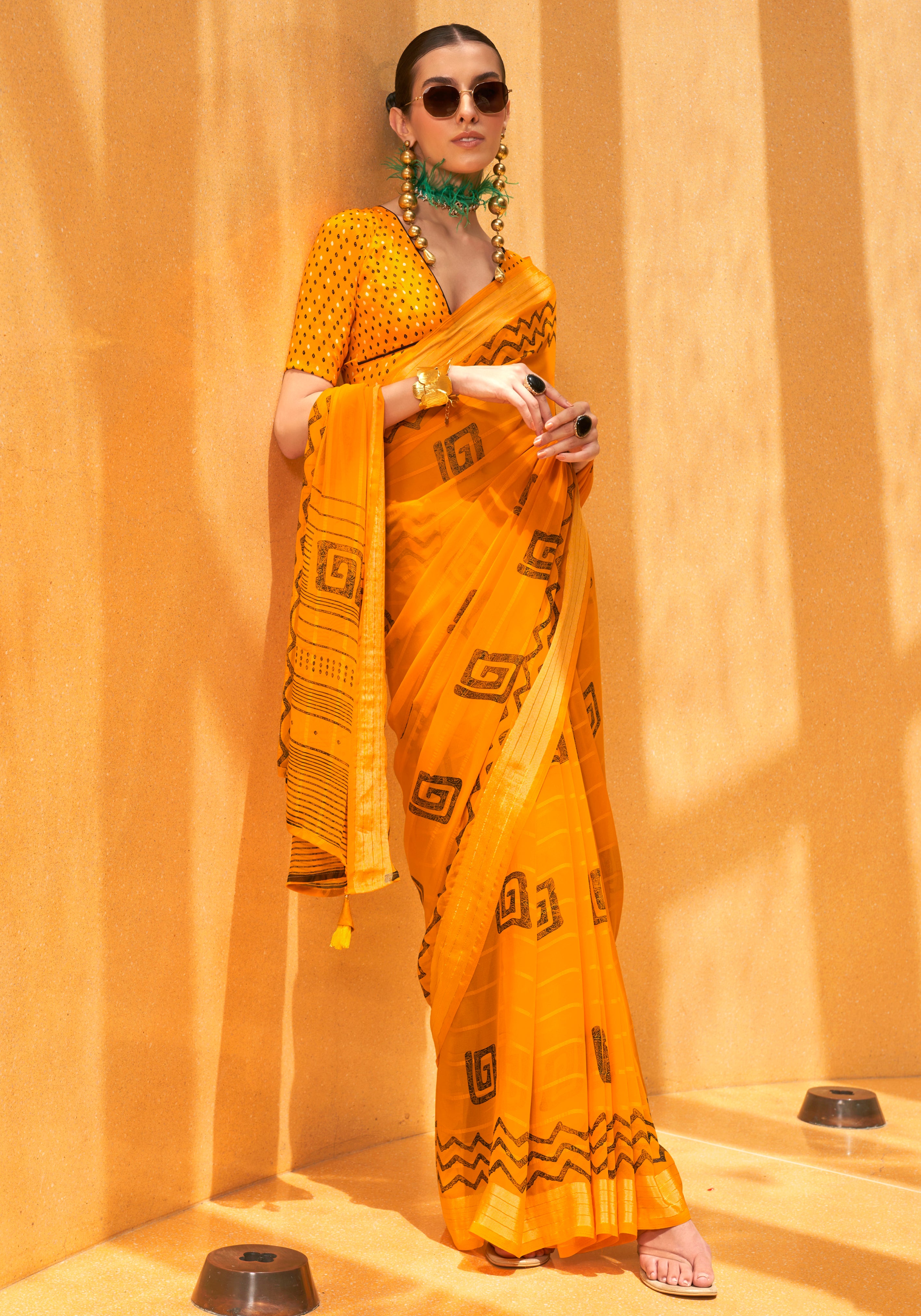 Mustard Saree With Printed Work