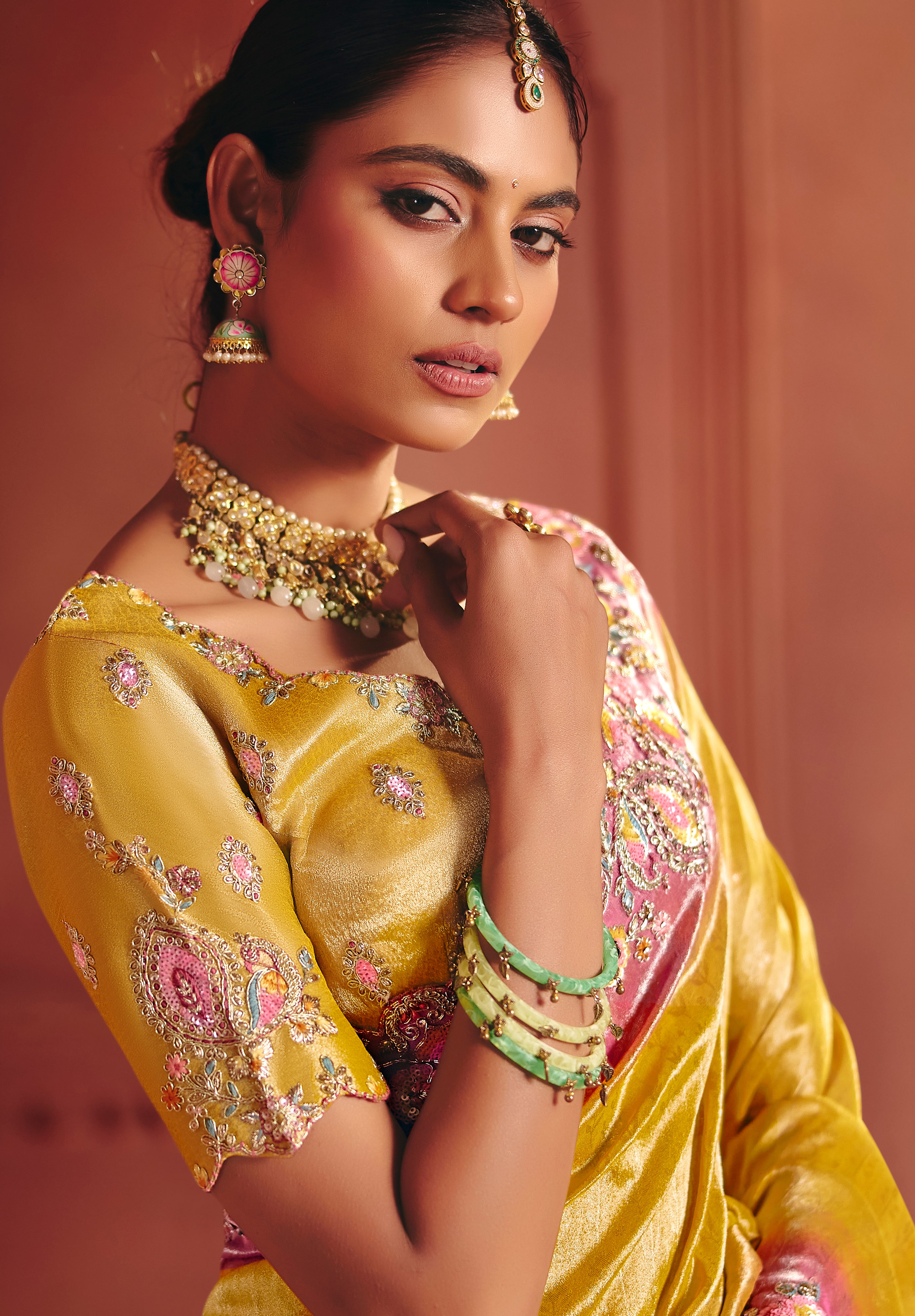 Mustard Saree With  Sequin, Thread, Weaving Heavy Embroidery Work  With Heavy Embroidery Work Blouse