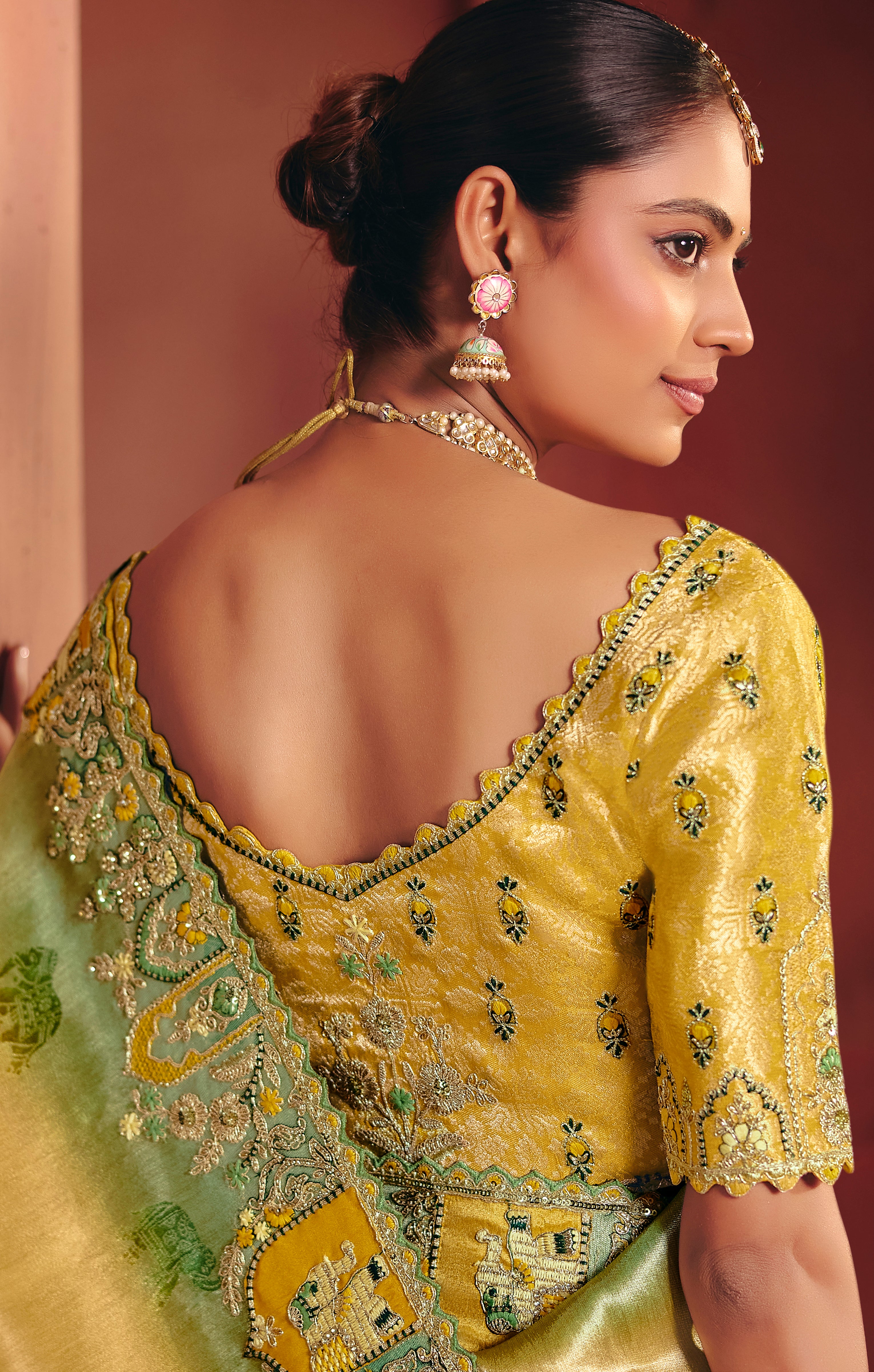 Mustard Saree With  Sequin, Thread, Weaving Heavy Embroidery Work  With Heavy Embroidery Work Blouse